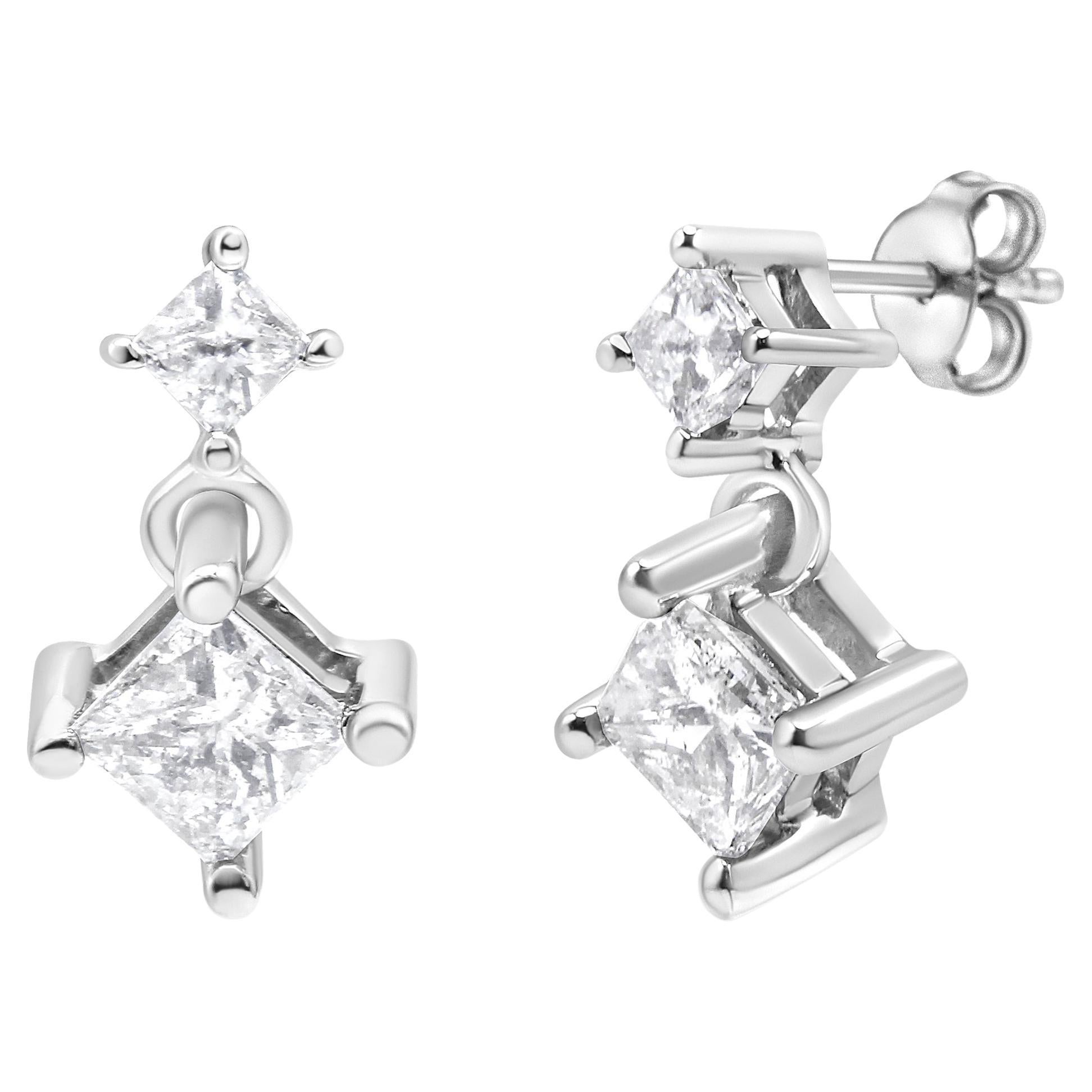 14K White Gold 1.0 Cttw Princess-Cut Double Diamond Drop Stud Earrings for Women