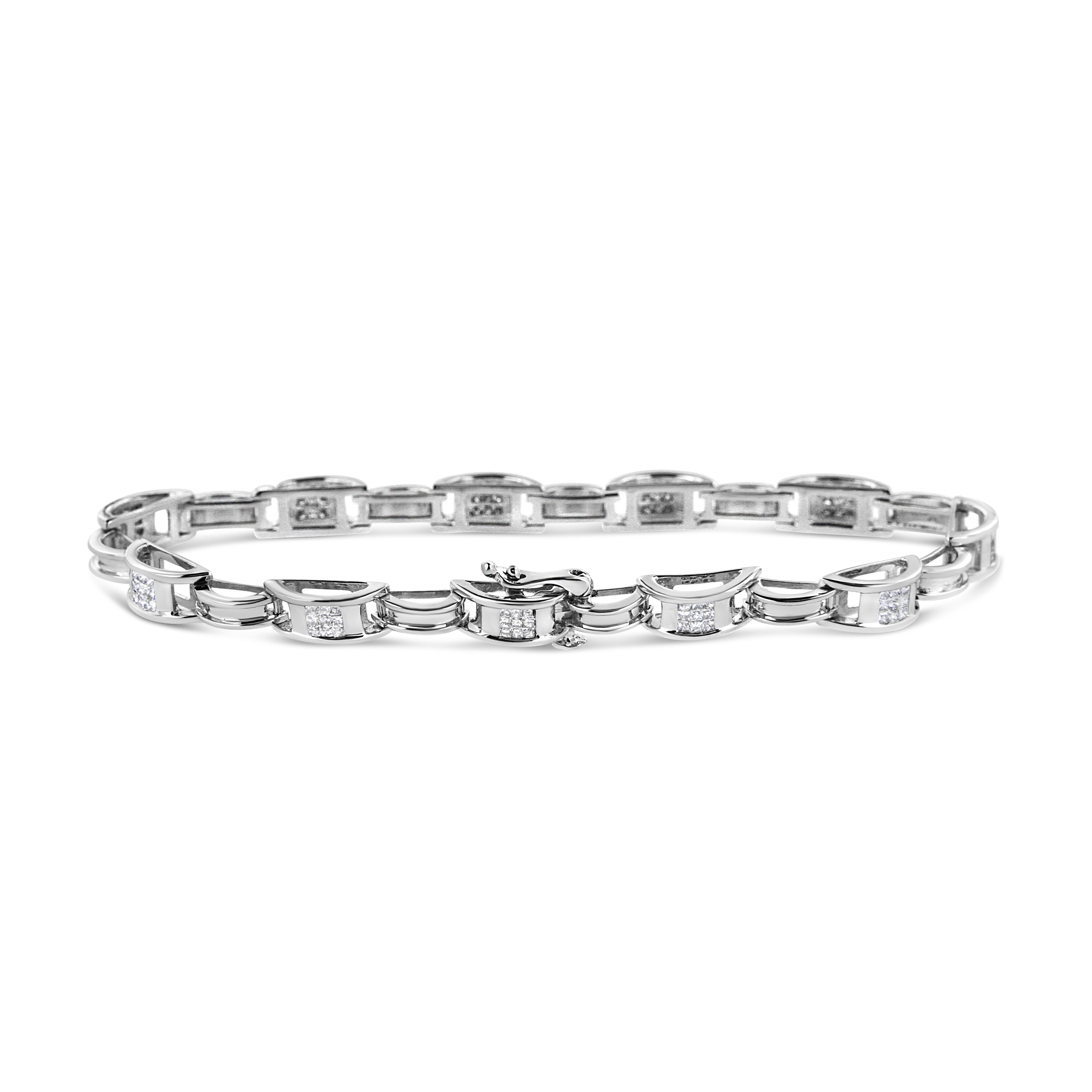 Introducing a dazzling masterpiece that will leave you breathless - a 14K White Gold Tennis Bracelet adorned with 1.0 Cttw of exquisite Princess Diamonds. Crafted with precision and elegance, this bracelet features an enchanting invisible setting,
