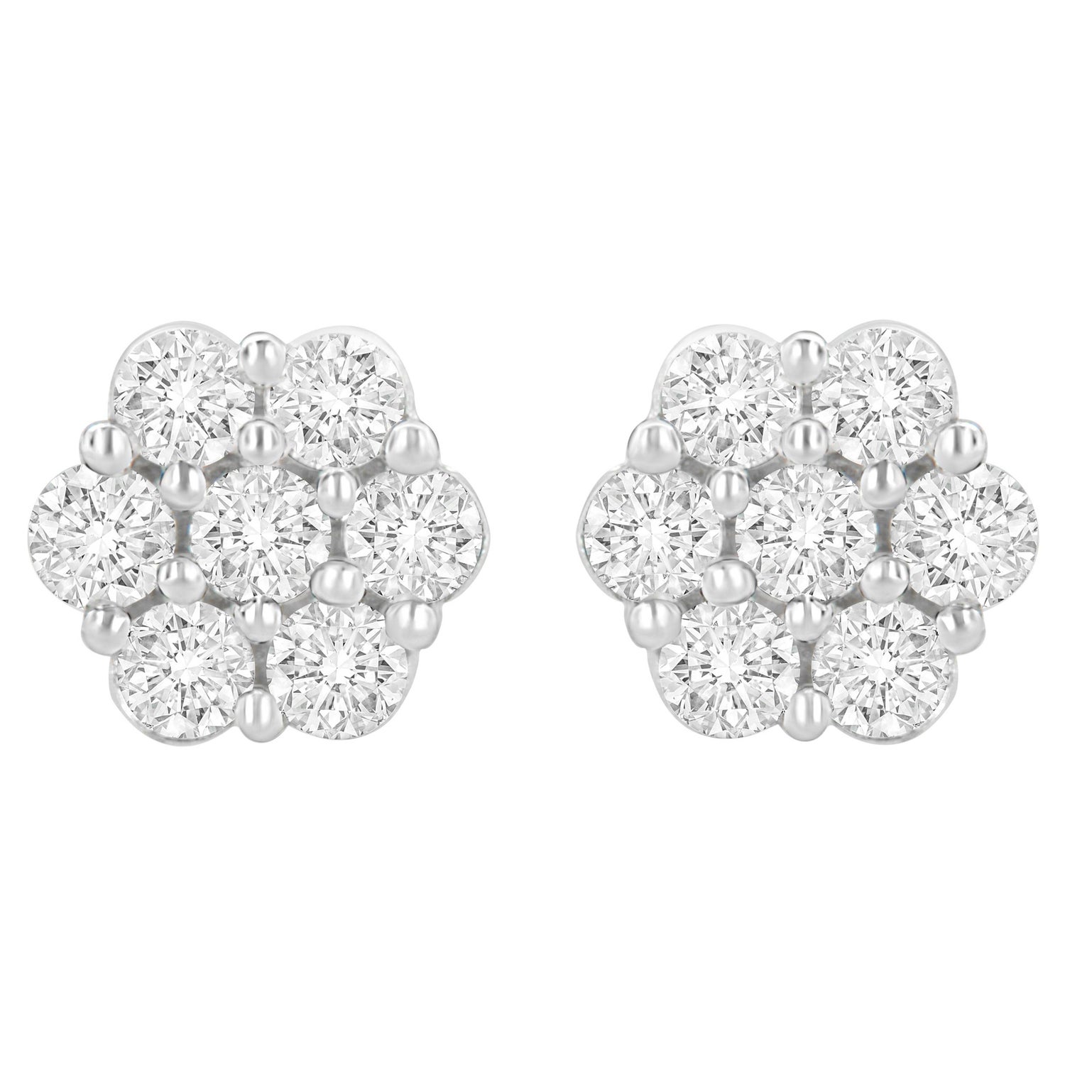 14K White Gold Prong Set Round-Cut Diamond Floral Stud Earrings at 1stDibs