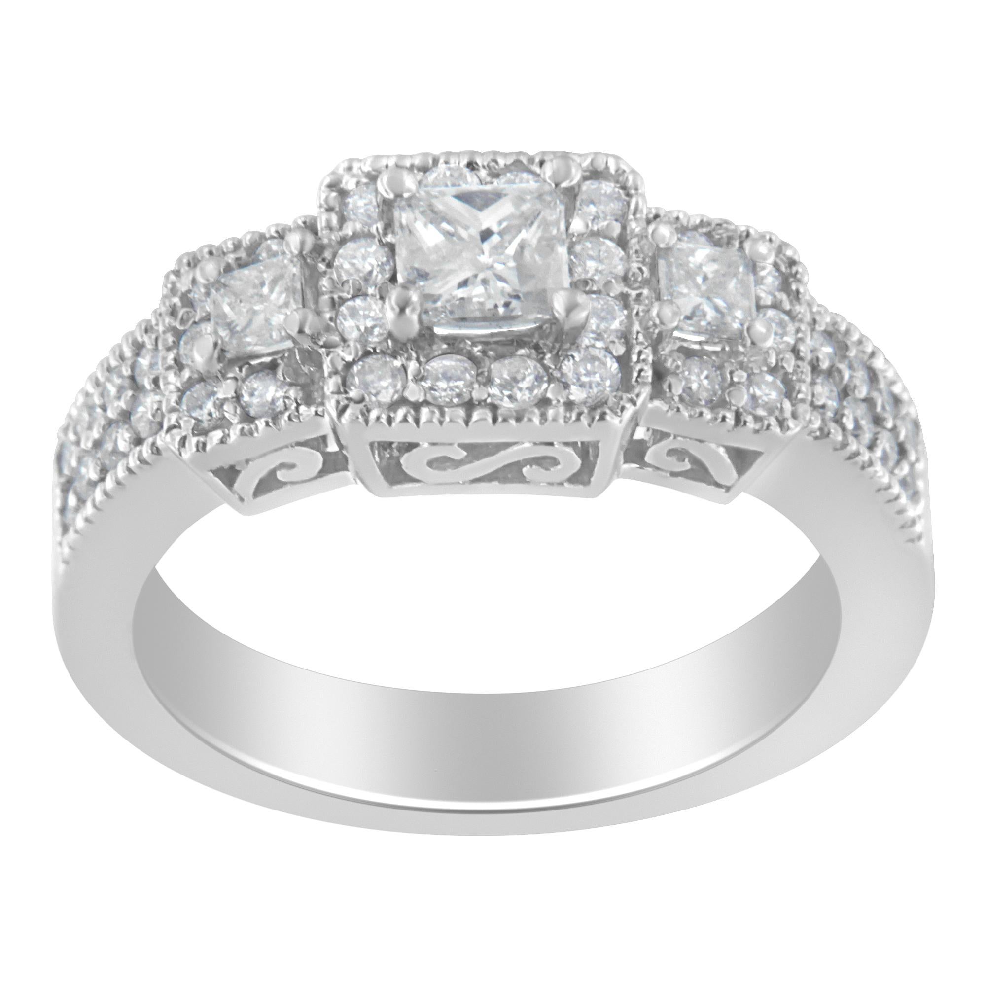 14K White Gold 1.0 Cttw Round and Princess-Cut Diamond Three Stone Ring