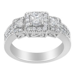 14K White Gold 1.0 Cttw Round and Princess-Cut Diamond Three Stone Ring