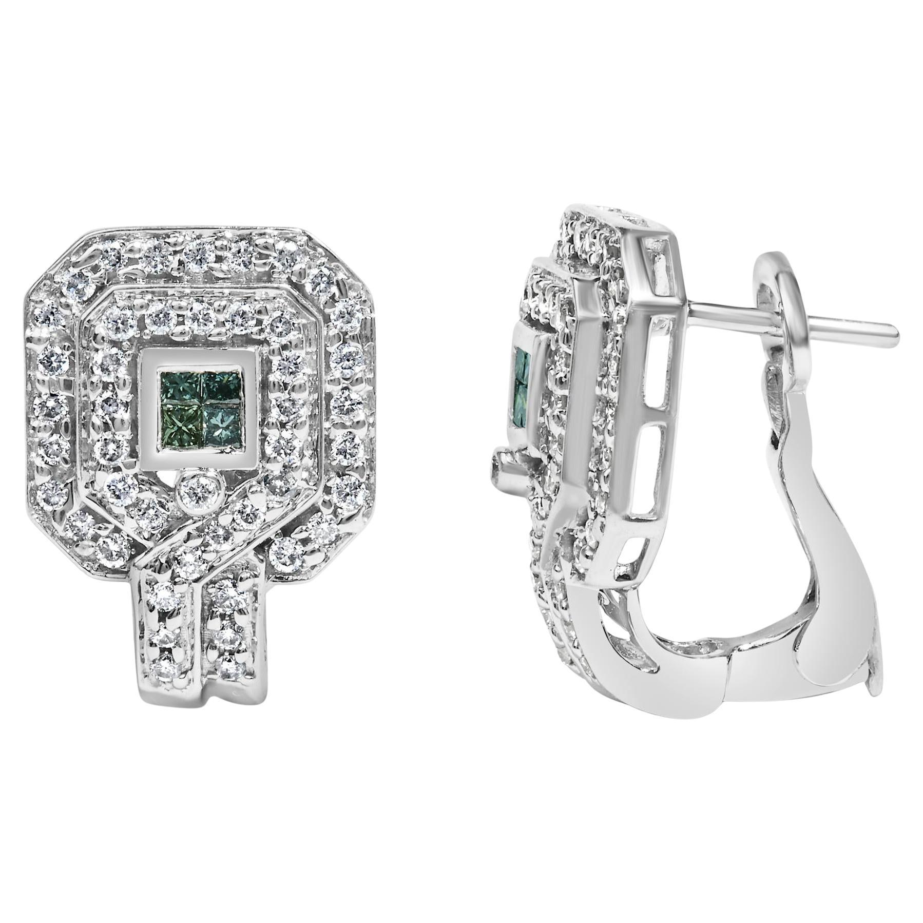 14K White Gold 1.0 Cttw Treated Diamond Octagonal Shield Omega Back Earrings