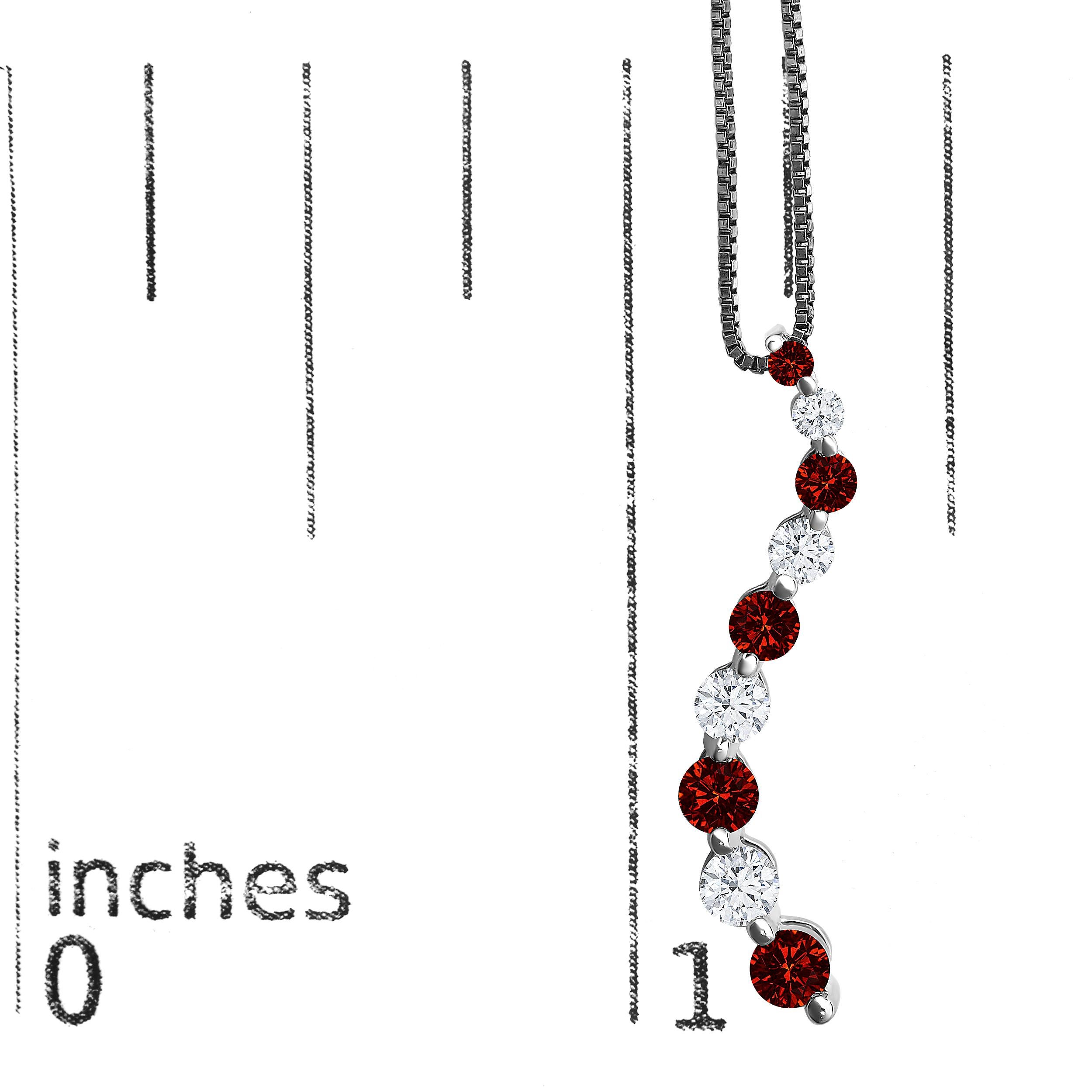 Round Cut 14K White Gold 1.0 Cttw Treated Red and White Diamond Journey Pendant Necklace For Sale