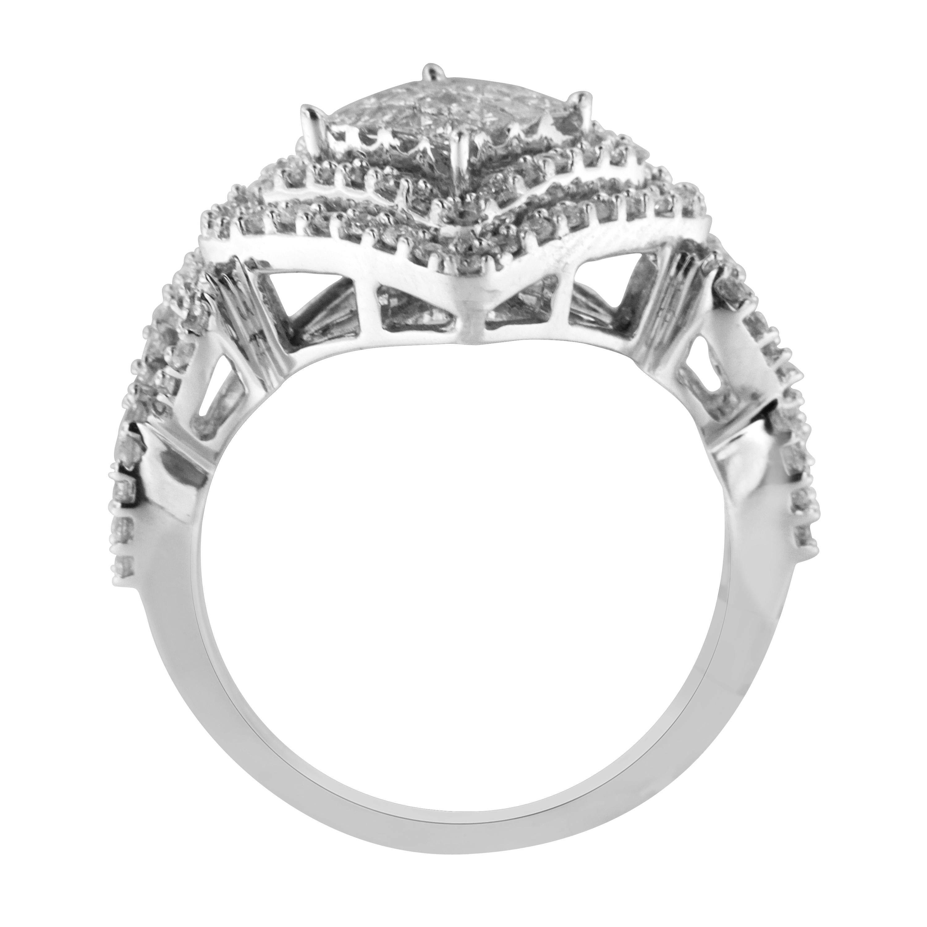 A gold and diamond engagement composite ring. This triangular ring is made with 96 round and 16 princess cut diamonds in a prong and invisible setting, respectively. The diamonds are set in a lustrous 14k white gold band. 'Video Available Upon