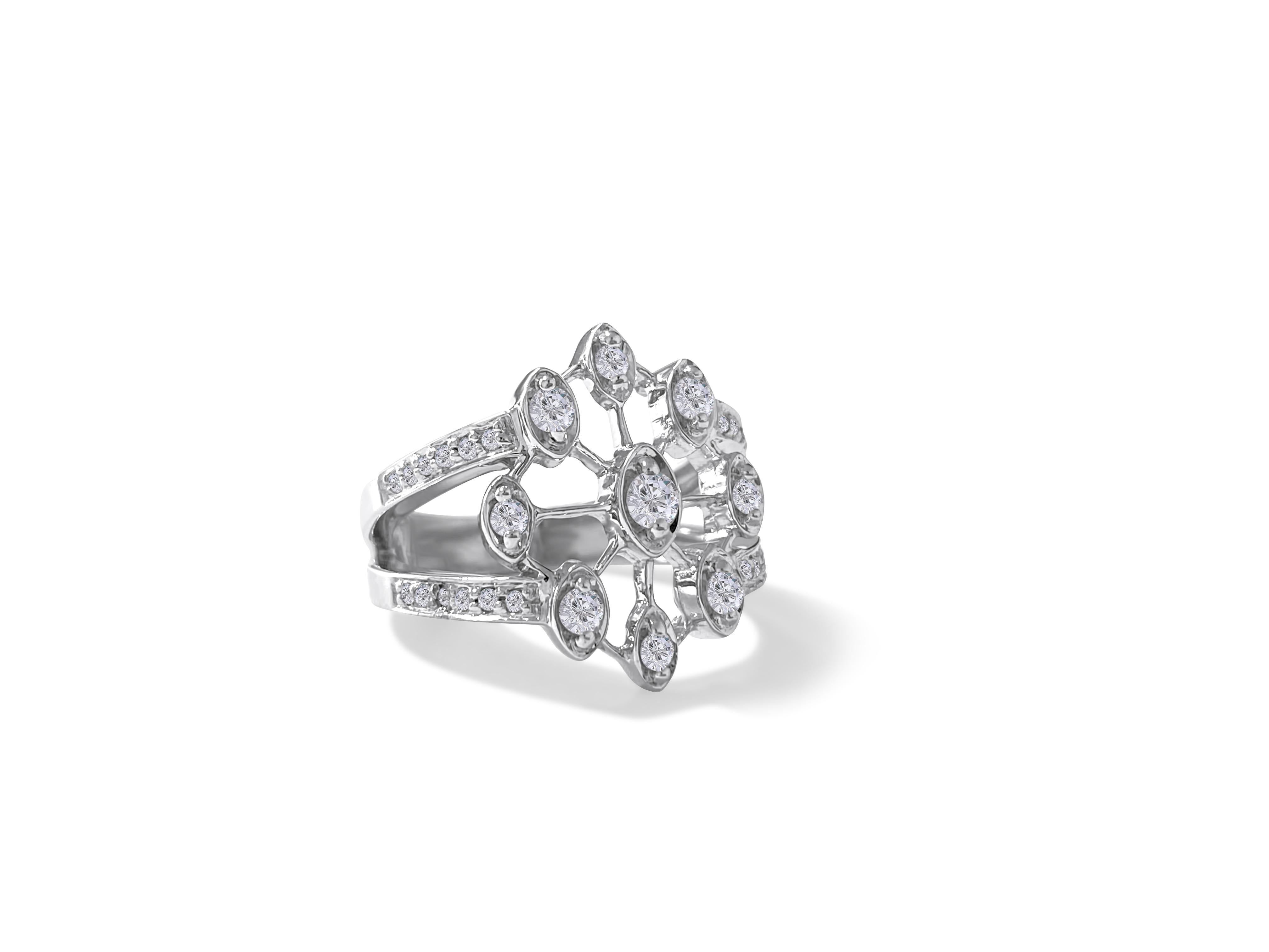 Crafted from solid 14k white gold, this exquisite cocktail ring features a total of 1.00 carat of round brilliant-cut diamonds. The diamonds exhibit a stunning G color and SI clarity, radiating brilliance and elegance. With its unique design, this