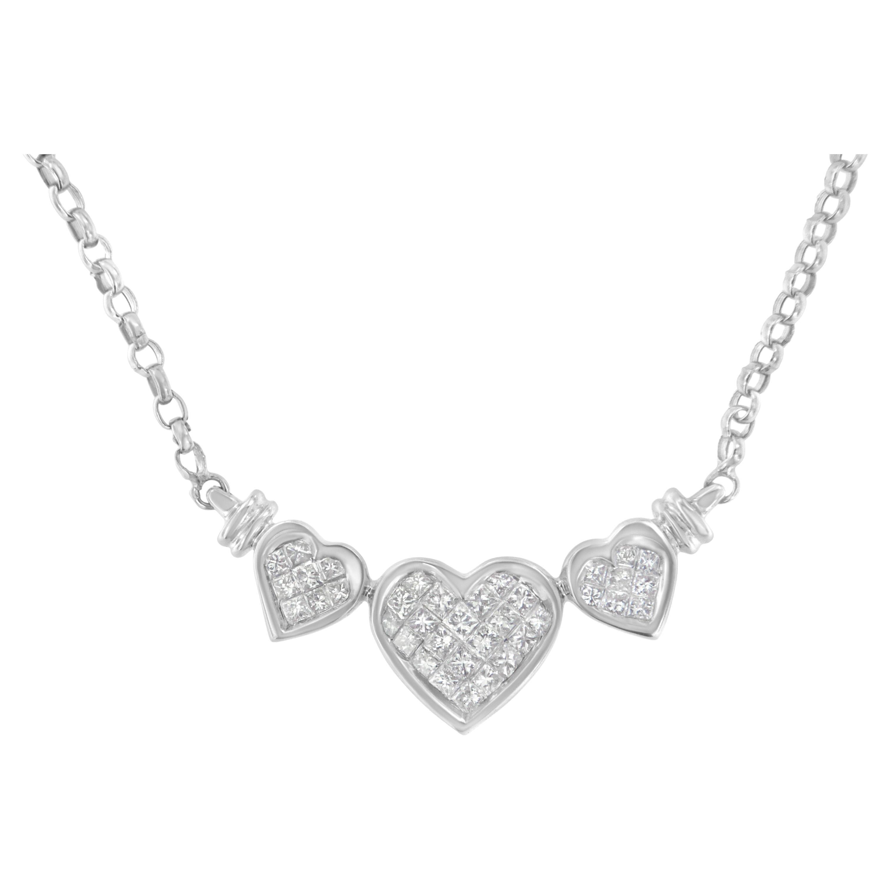 14K White Gold 1.00 Carat Diamond Triple Heart Link Necklace with Box Chain For Sale