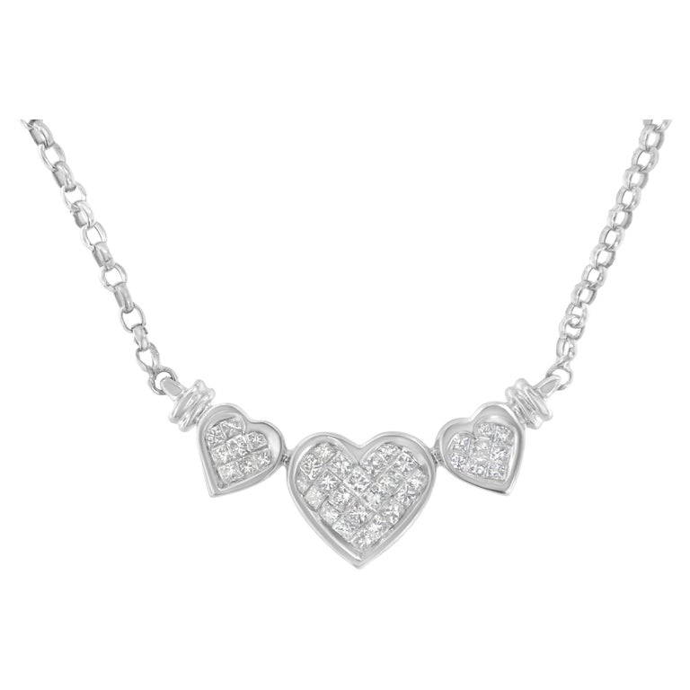 14K White Gold 1.00 Carat Diamond Triple Heart Link Necklace with Box