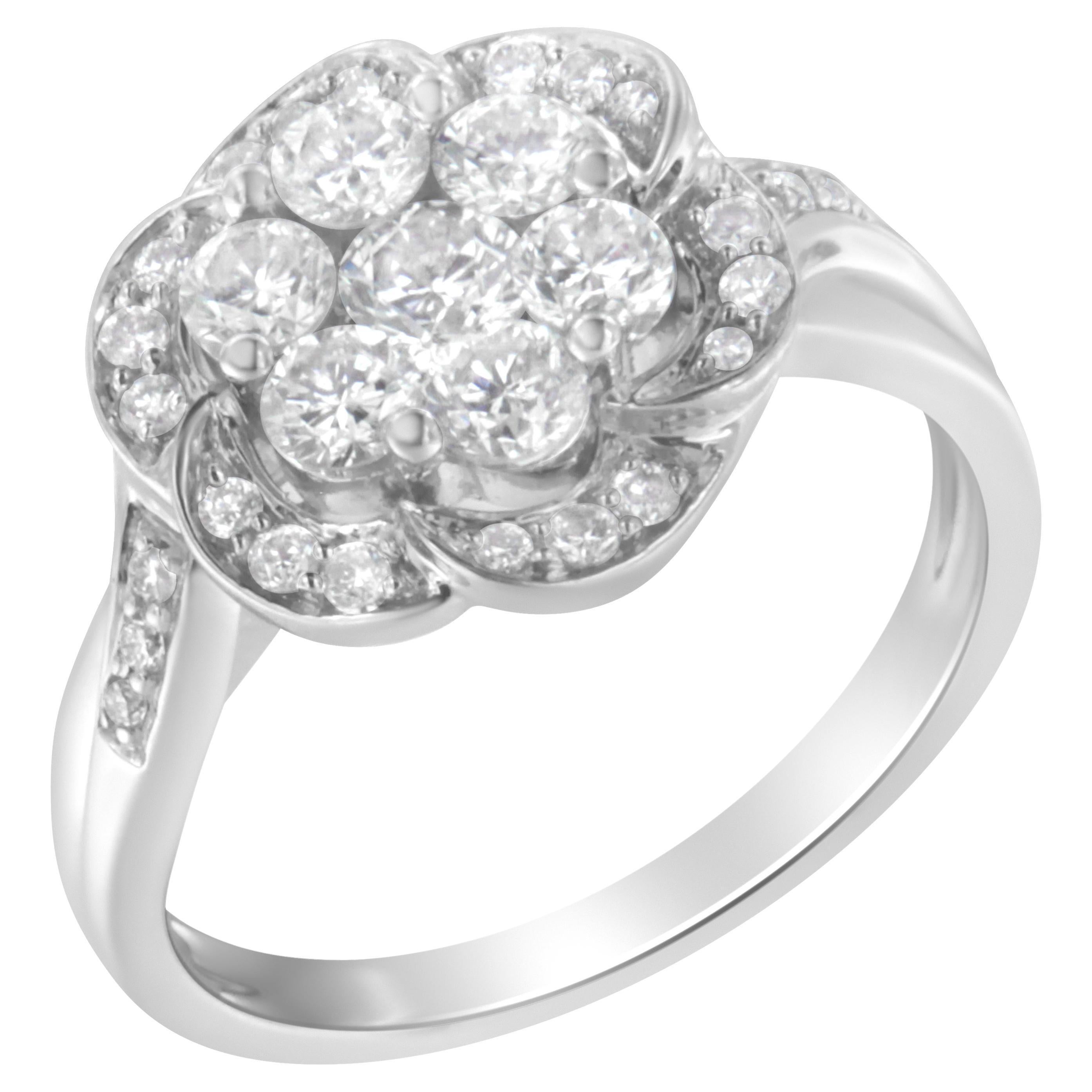 For Sale:  14K White Gold 1.00 Carat Floral Cluster Diamond Ring