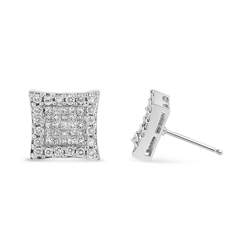 Round Cut 14K White Gold 1.00 Carat Princess and Round-Cut Diamond Square Stud Earrings For Sale