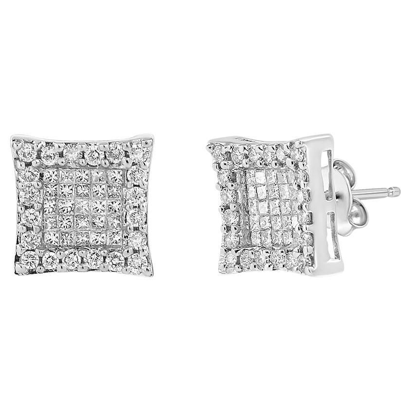 14K White Gold 1.00 Carat Princess and Round-Cut Diamond Square Stud Earrings For Sale