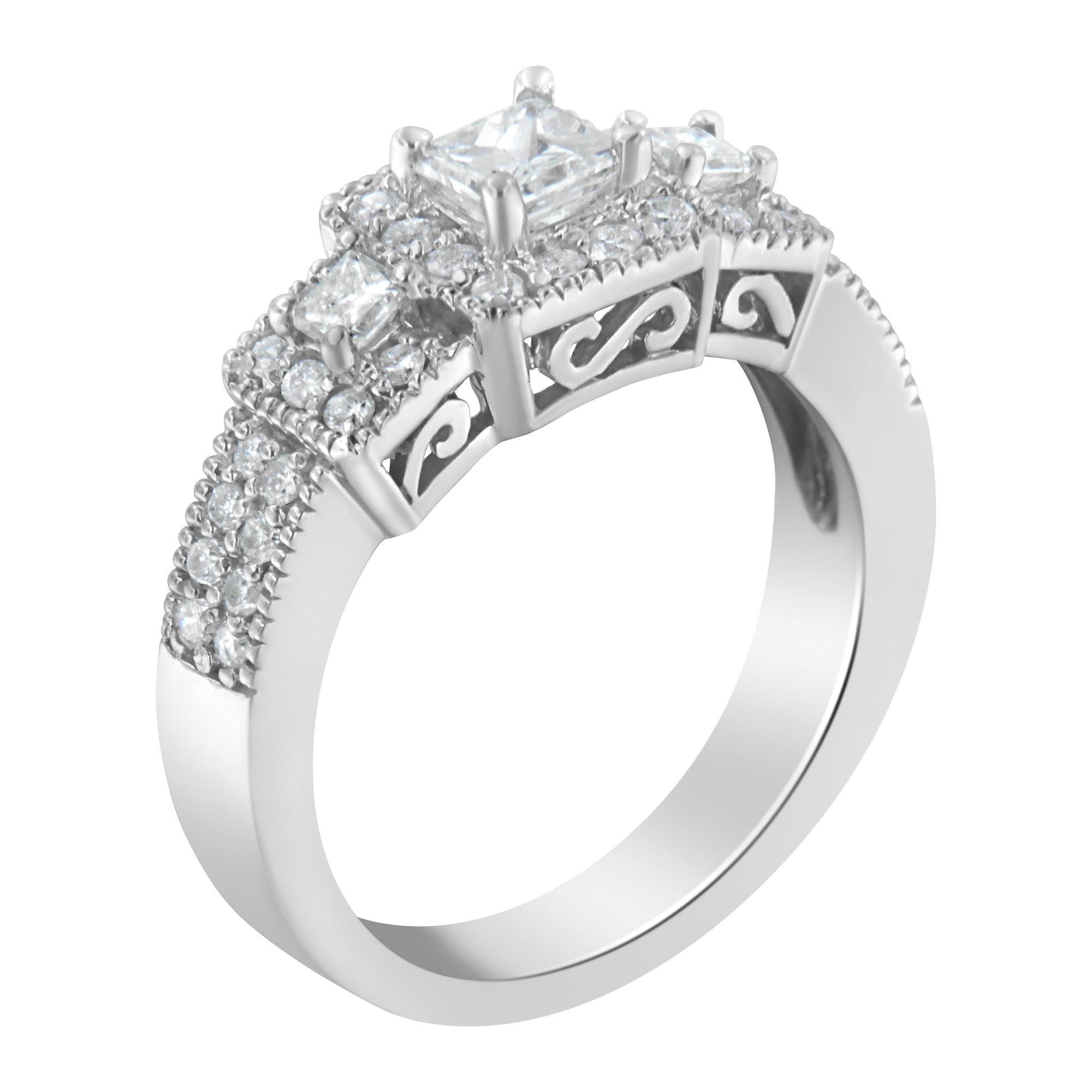 For Sale:  14K White Gold 1.00 Carat Round and Princess-Cut Diamond Three Stone Ring 2