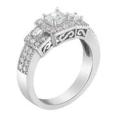 14K White Gold 1.00 Carat Round and Princess-Cut Diamond Three Stone Ring