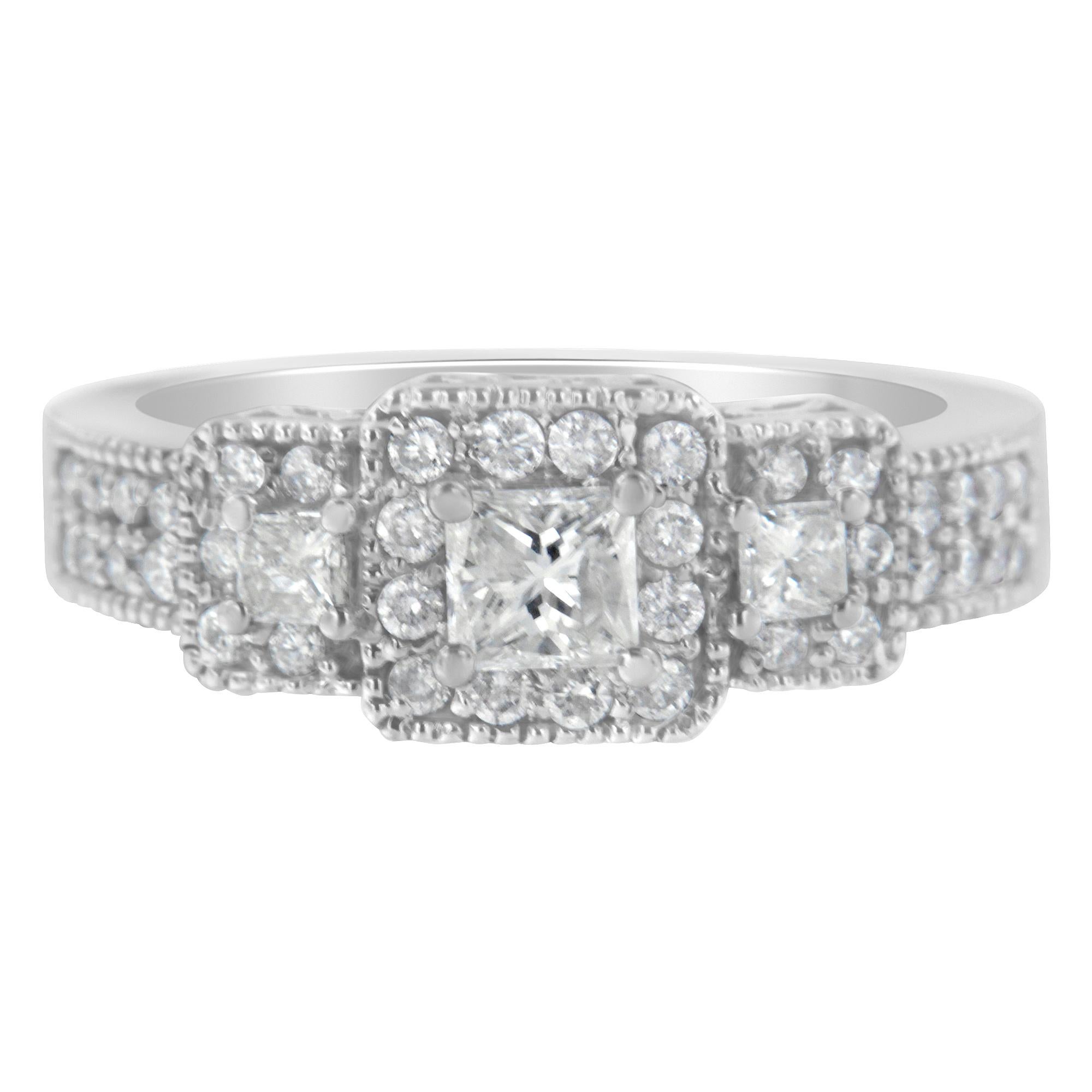 For Sale:  14K White Gold 1.00 Carat Round and Princess-Cut Diamond Three Stone Ring 3