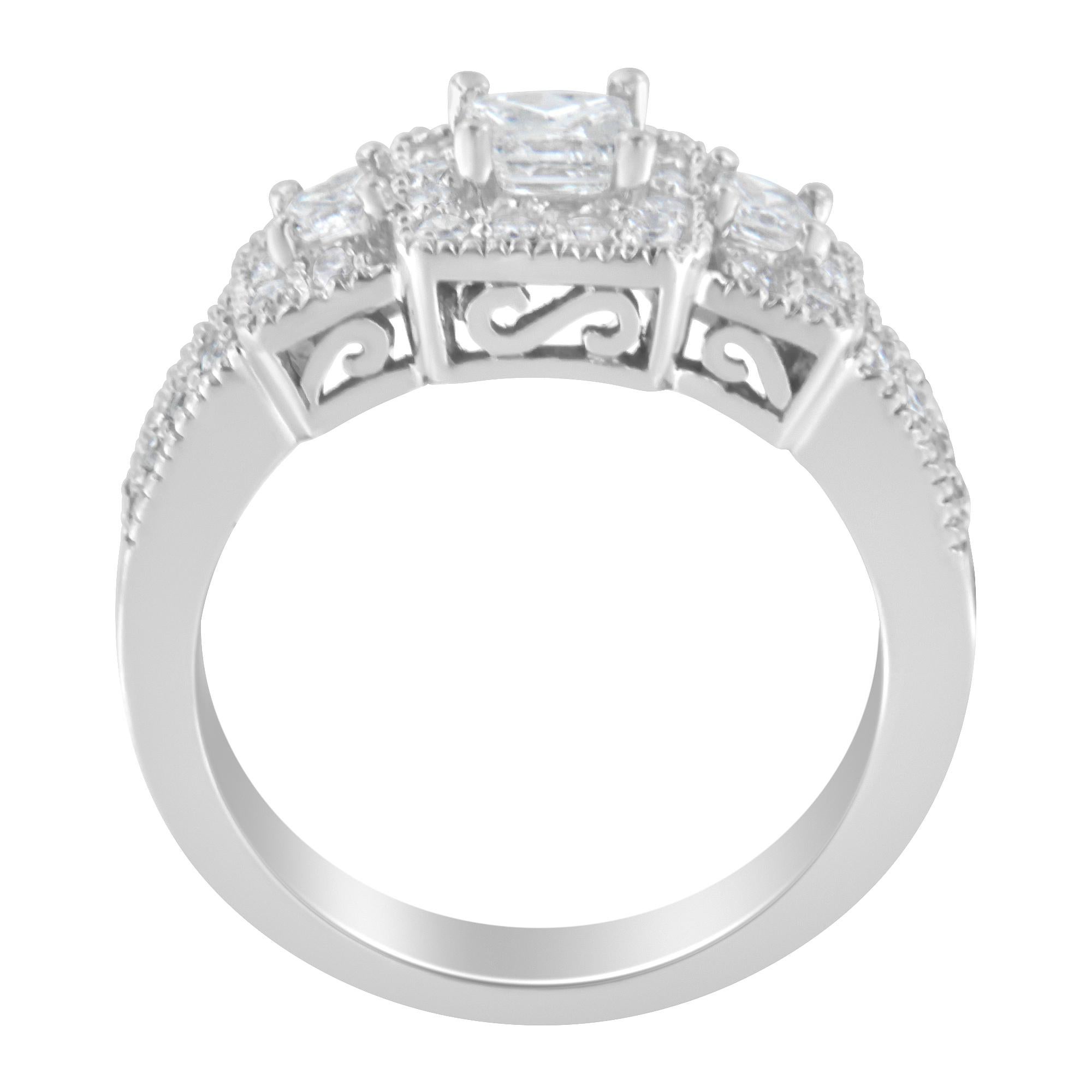 For Sale:  14K White Gold 1.00 Carat Round and Princess-Cut Diamond Three Stone Ring 5