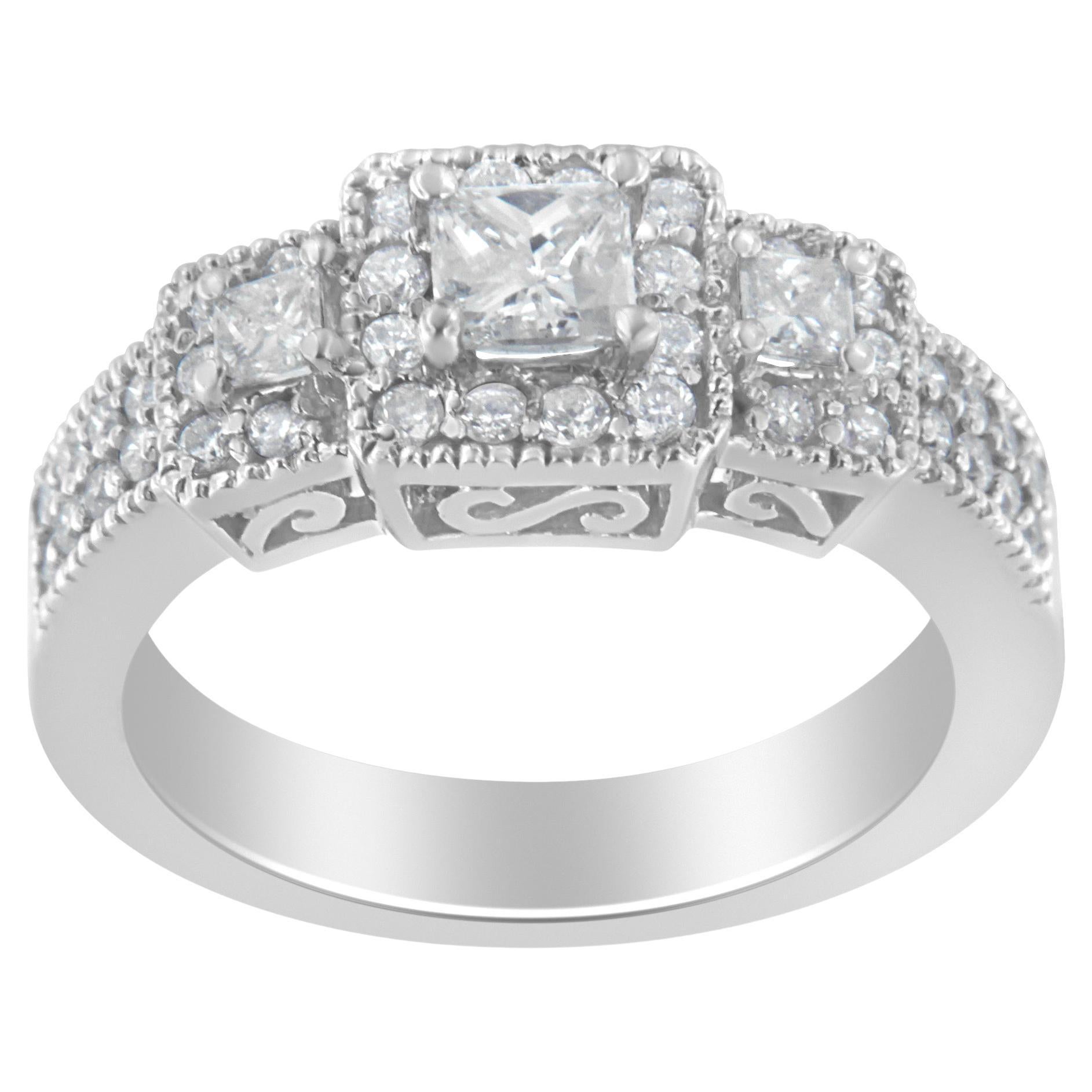 14K White Gold 1.00 Carat Round and Princess-Cut Diamond Three Stone Ring