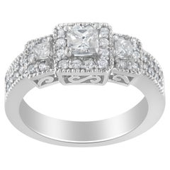 14K White Gold 1.00 Carat Round and Princess-Cut Diamond Three Stone Ring