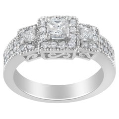 Bague à trois pierres en or blanc 14 carats avec diamants ronds et taille princesse de 1,00 carat