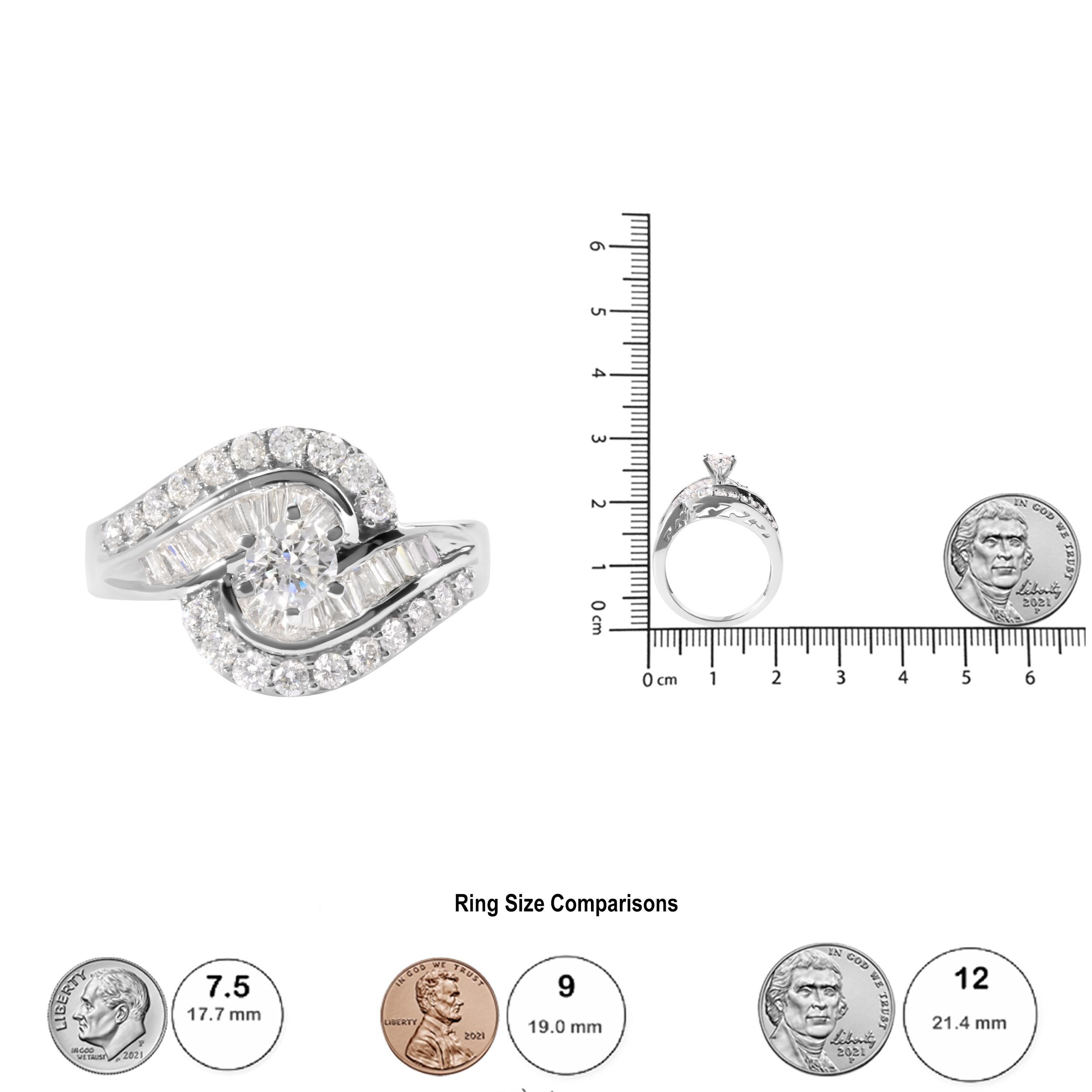 Round Cut 14K White Gold 1.00 Cttw Round and Baguette cut Diamond Swirl Cocktail Ring For Sale