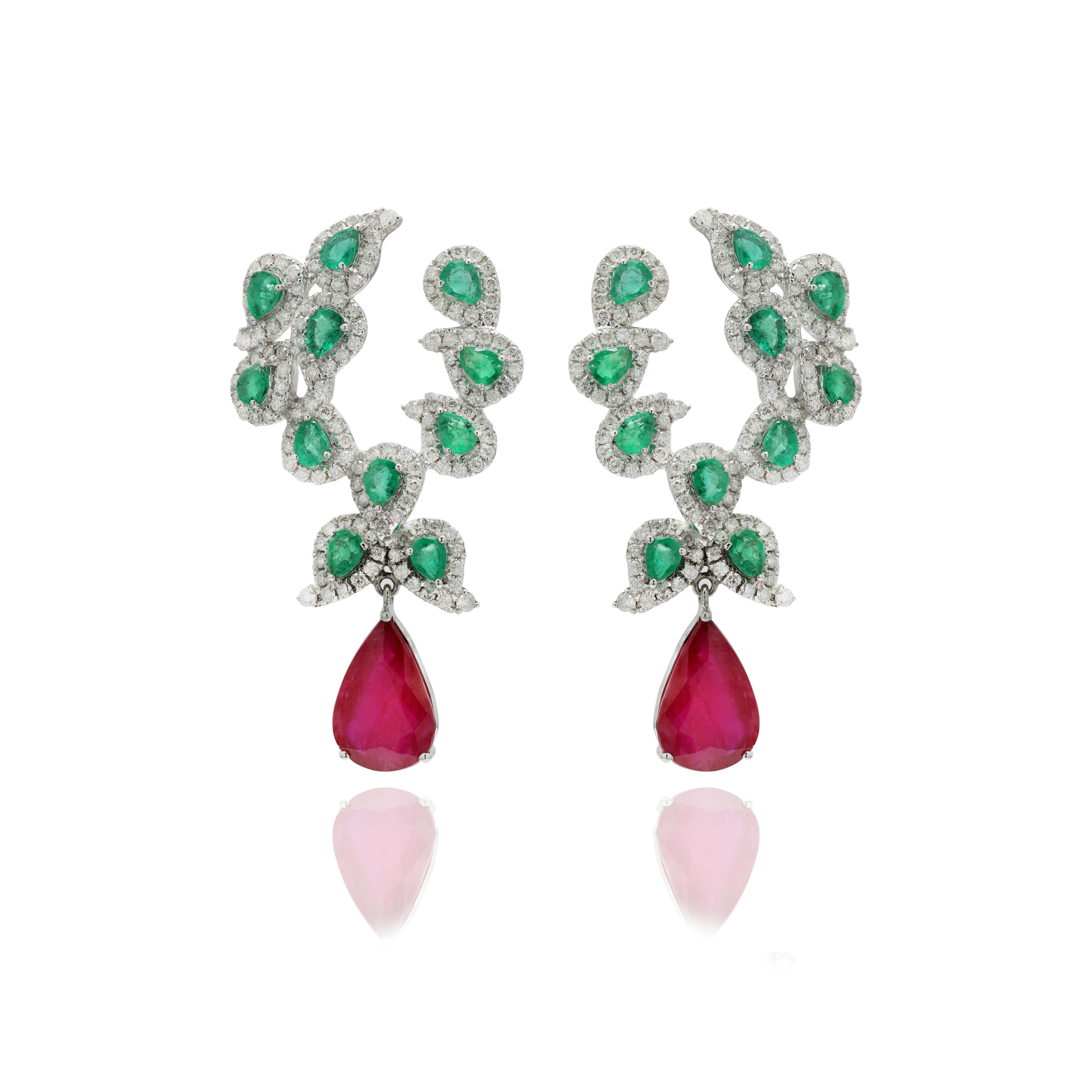Emerald, Ruby and Diamond Dangle earrings to make a statement with your look. These earrings create a sparkling, luxurious look featuring pear cut gemstone. These are a great bridesmaid gift, wedding gift or christmas gift for anyone on your