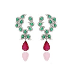 14K White Gold 10.04 ct Emerald & Diamond Paisley Earrings with Dangling Ruby
