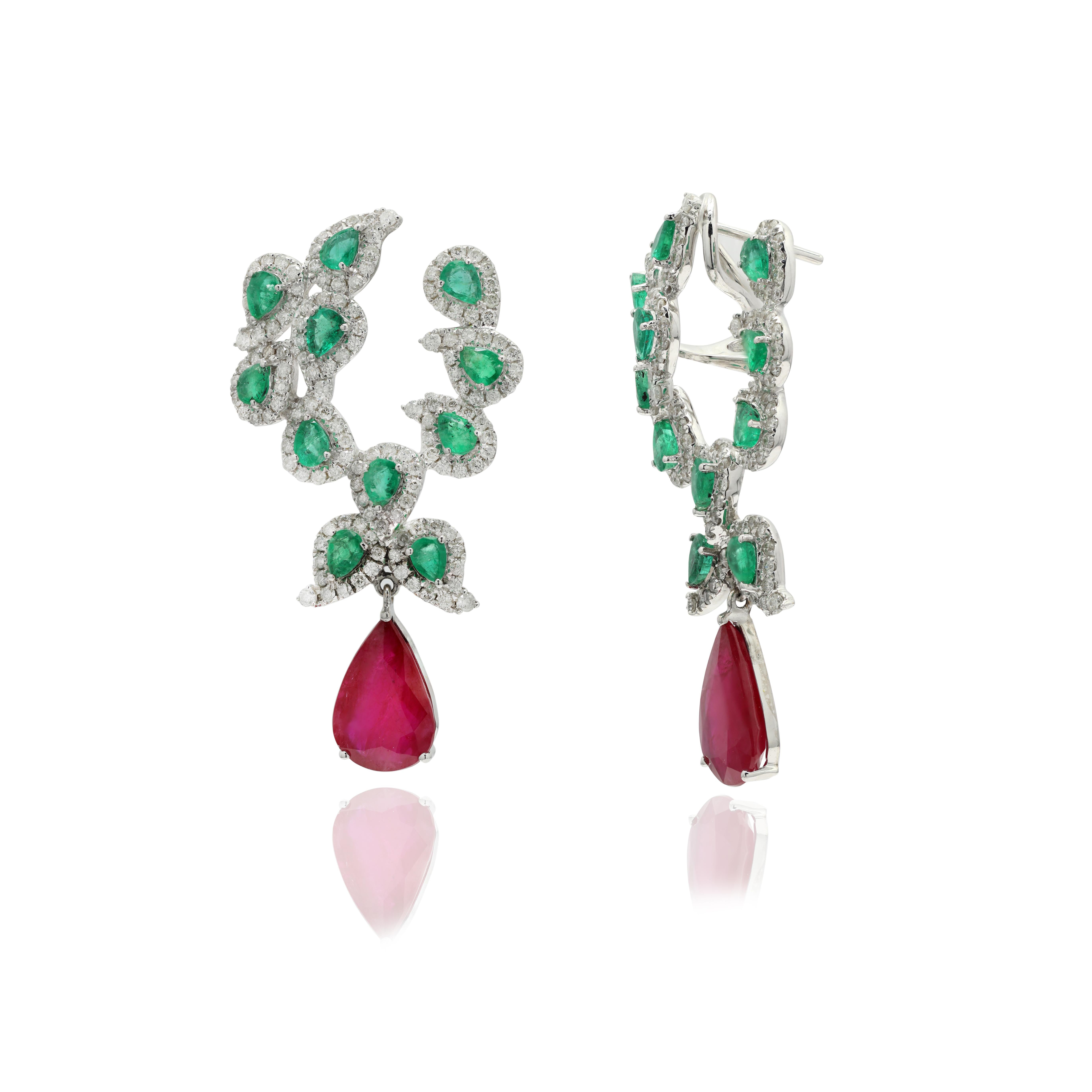 Art Deco 14K White Gold 10.04 ct Emerald & Diamond Paisley Earrings with Dangling Ruby For Sale