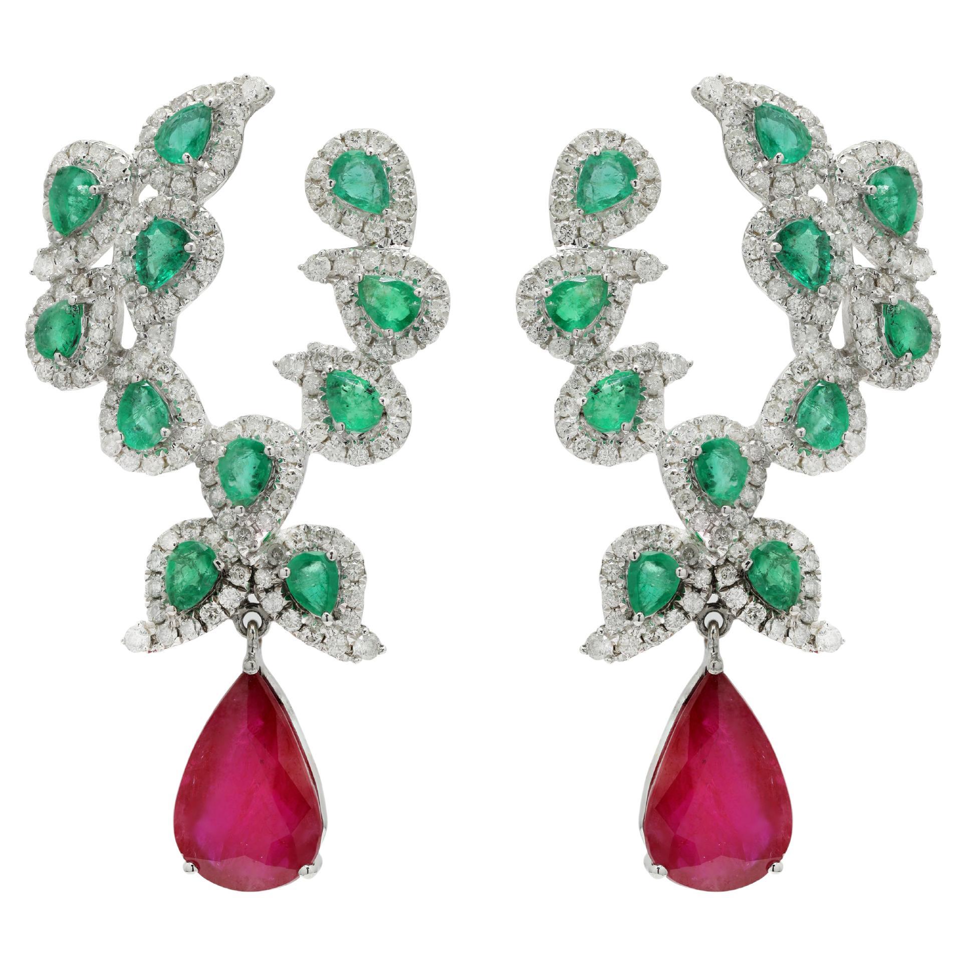 14K White Gold 10.04 ct Emerald & Diamond Paisley Earrings with Dangling Ruby