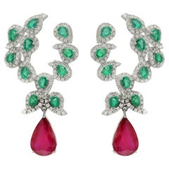 14K White Gold 10.04 ct Emerald & Diamond Paisley Earrings with Dangling Ruby
