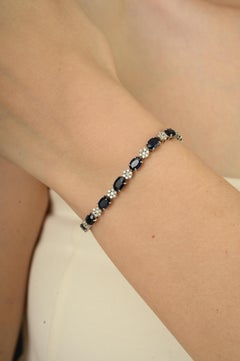 14K White Gold 10.05Ct Blue Sapphire & Diamond Cluster Tennis Bracelet for Women