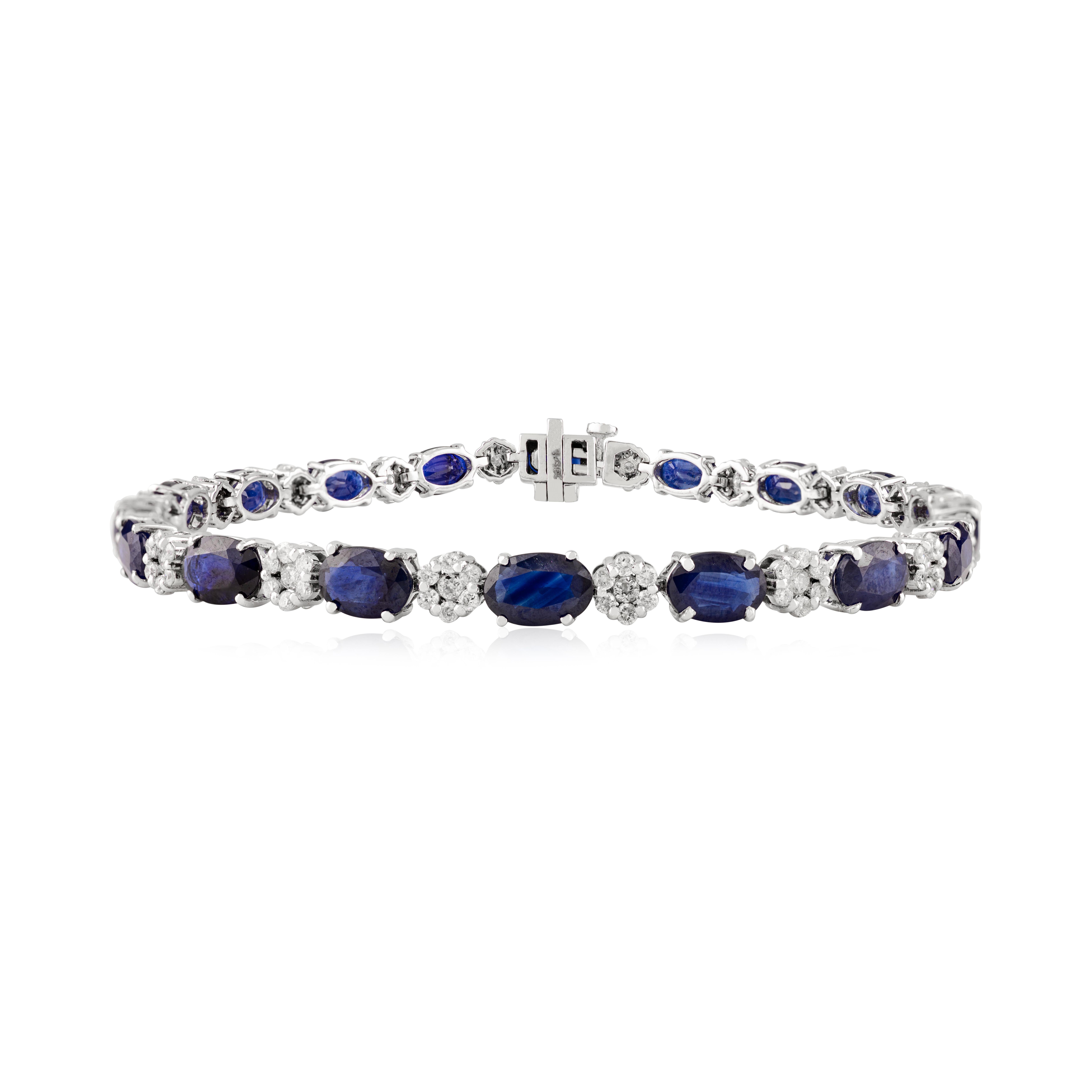 Pulsera de tenis con racimo de zafiros azules y diamantes en oro blanco de 14 quilates para mujer de 10,05 quilates