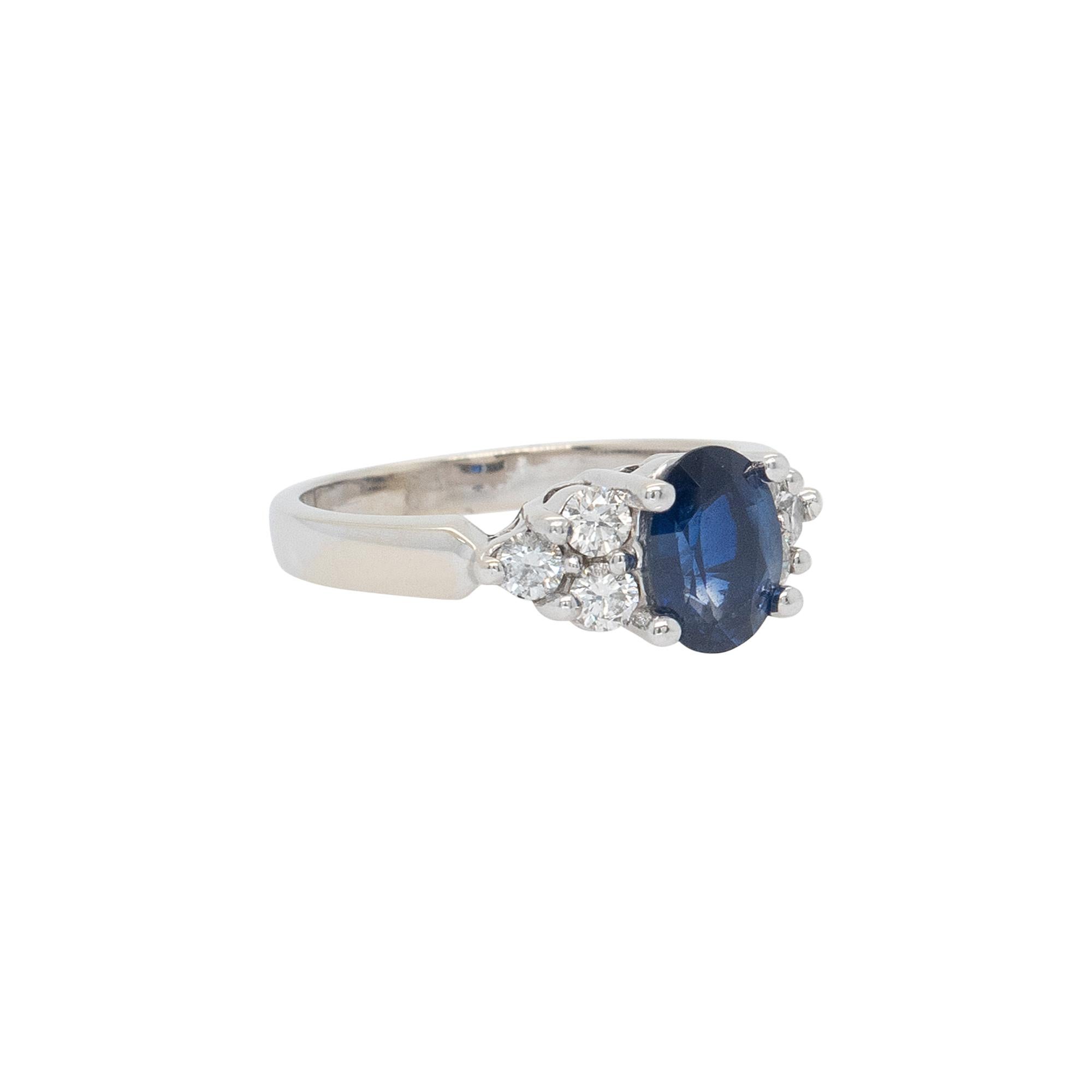 Center Details: 1.00ctw Oval Sapphire
Ring Material: 
14k White Gold 0.24ctw Natural Round Brilliant Cut Diamonds (6 Diamonds)
17mm x 24mm
Ring Size: 5.75 (can be sized)
Total Weight: 2.7g (1.7dwt)
This item comes with a presentation box!
SKU: