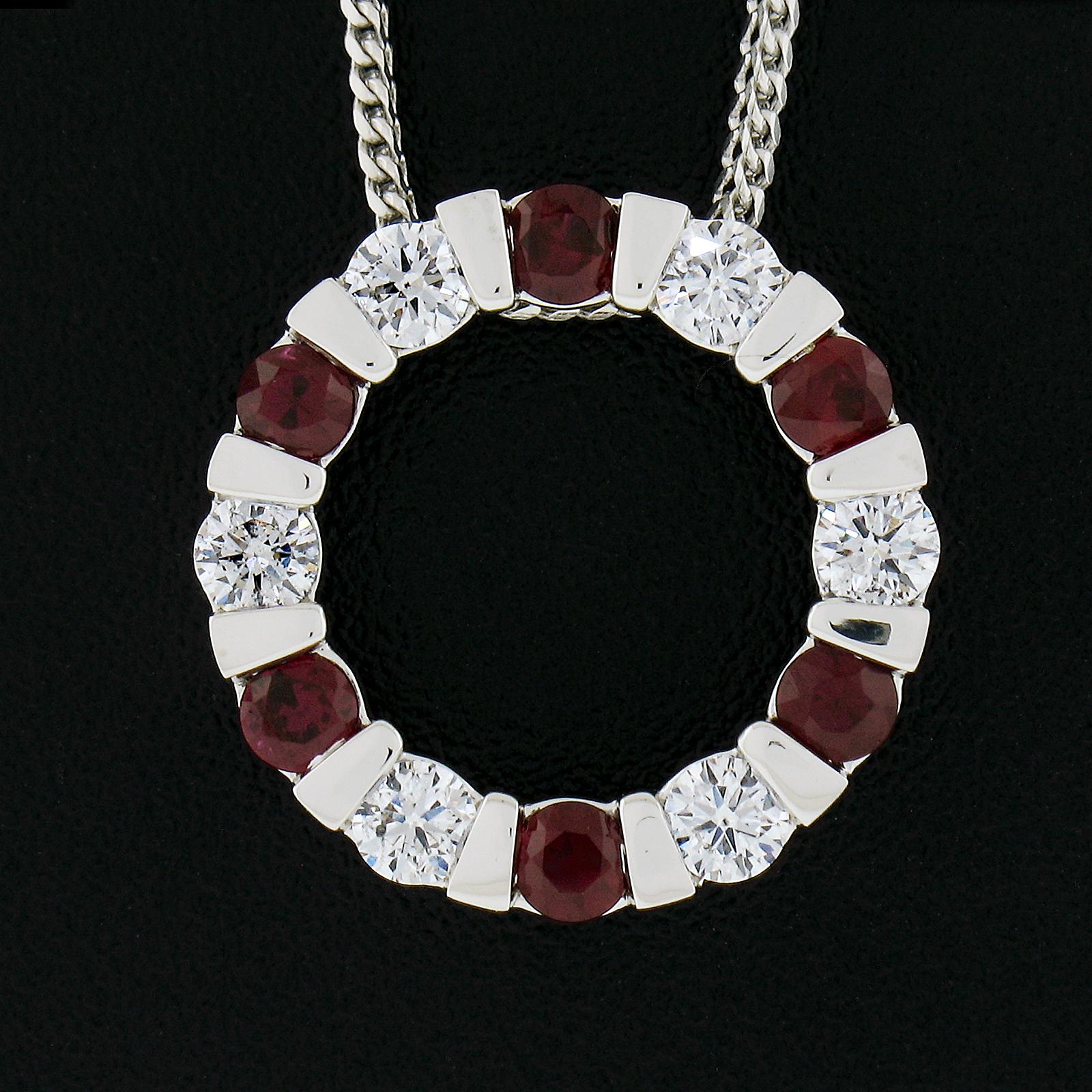 Round Cut 14k White Gold 1.01ctw Alternating Channel Ruby & Diamond Circle Pendant Chain For Sale