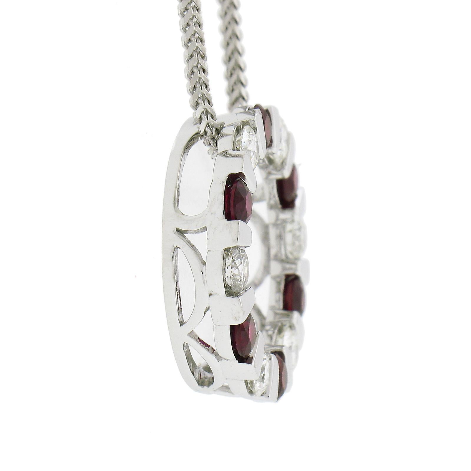 14k White Gold 1.01ctw Alternating Channel Ruby & Diamond Circle Pendant Chain In Excellent Condition For Sale In Montclair, NJ