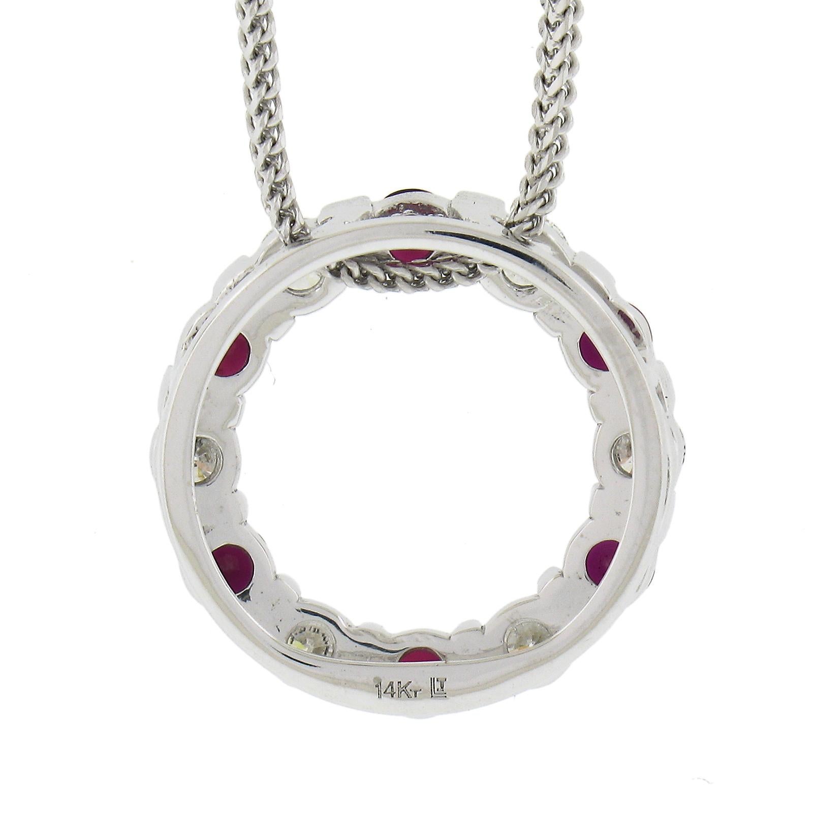 14k White Gold 1.01ctw Alternating Channel Ruby & Diamond Circle Pendant Chain For Sale 1