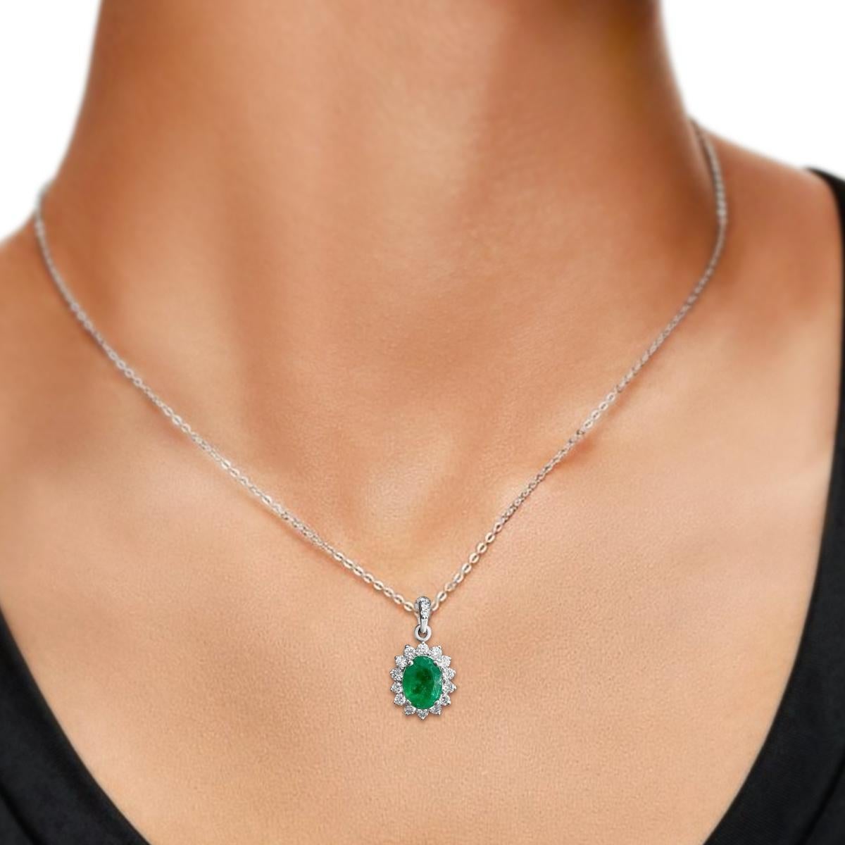 Oval Cut 14K White Gold 1.03cts Emerald and Diamond Pendant, Style# TS1121P