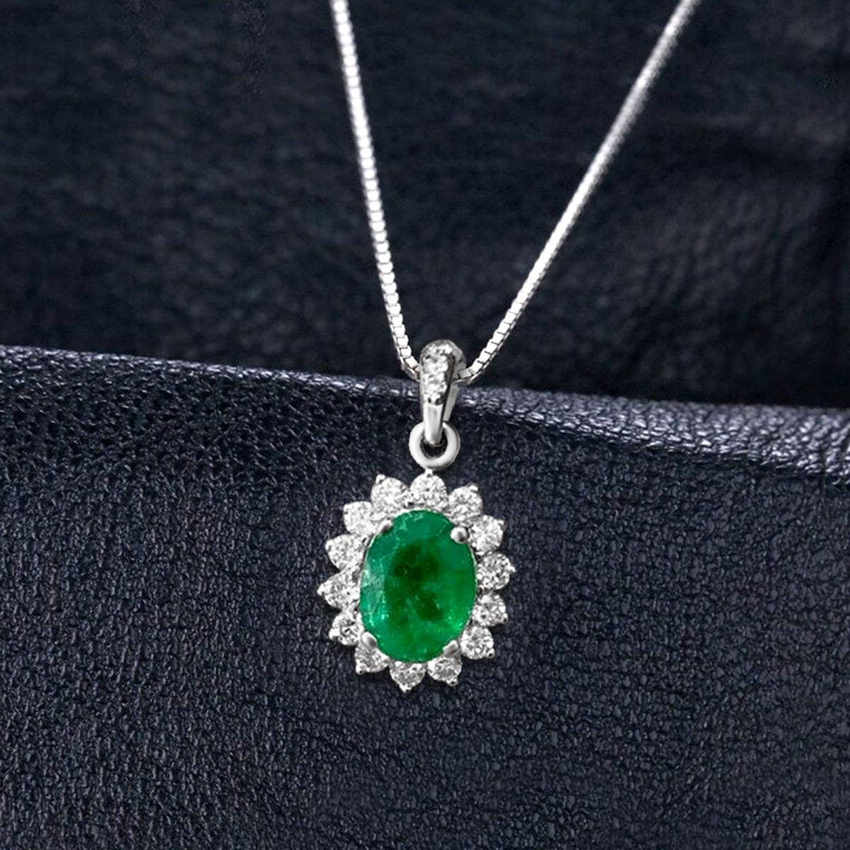 14K White Gold 1.03cts Emerald and Diamond Pendant, Style# TS1121P In New Condition In New York, NY