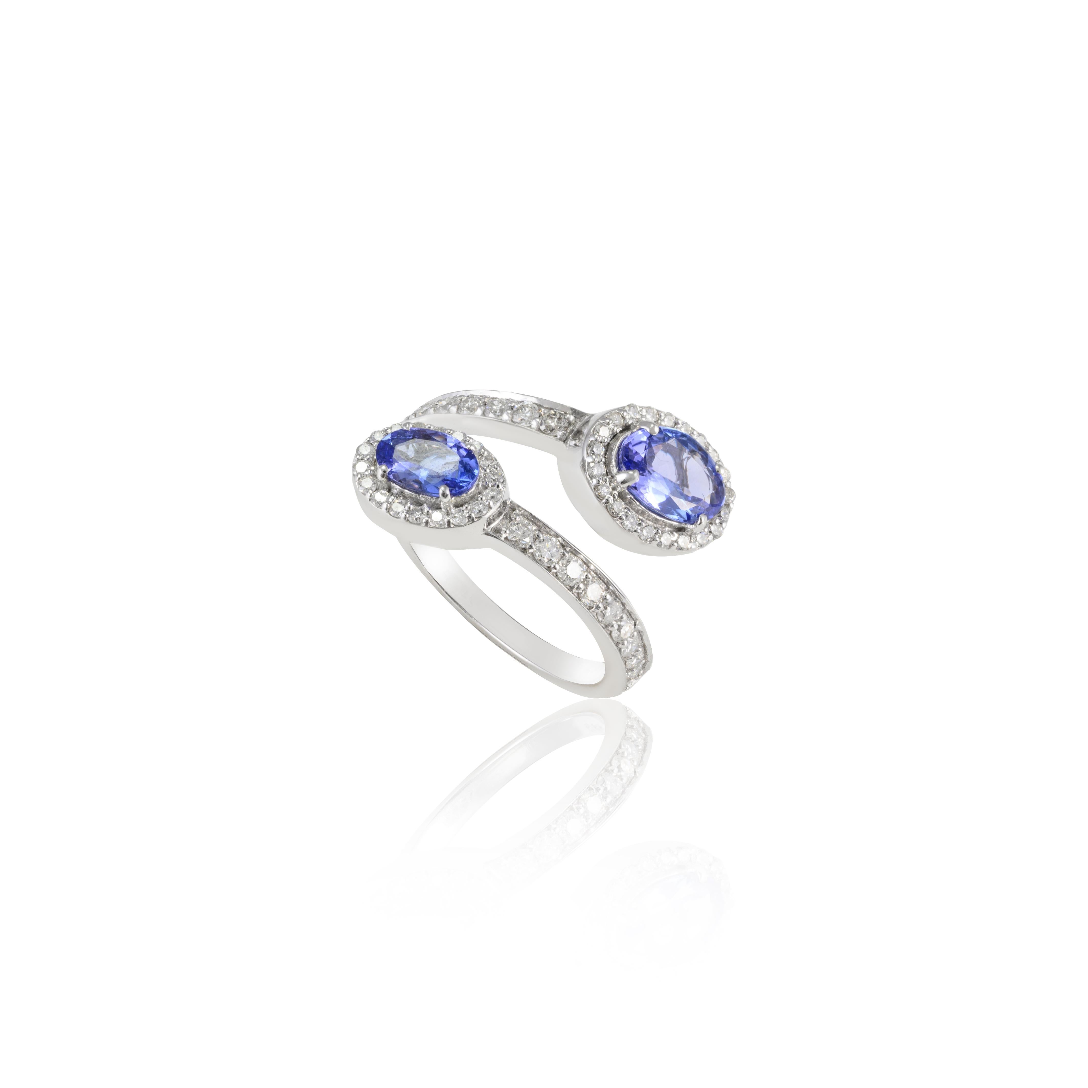 For Sale:  14k White Gold 1.04ct Genuine Oval Tanzanite and Halo Diamond Bypass Ring 2
