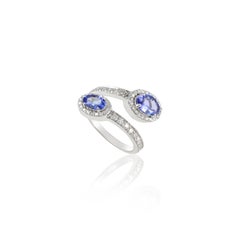14k White Gold 1.04ct Genuine Oval Tanzanite and Halo Diamond Bypass Ring