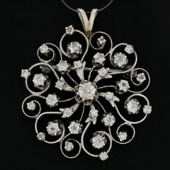 14k White Gold 1.04ctw Old Mine Cut Champagne Diamond Open Flower Brooch Pendant