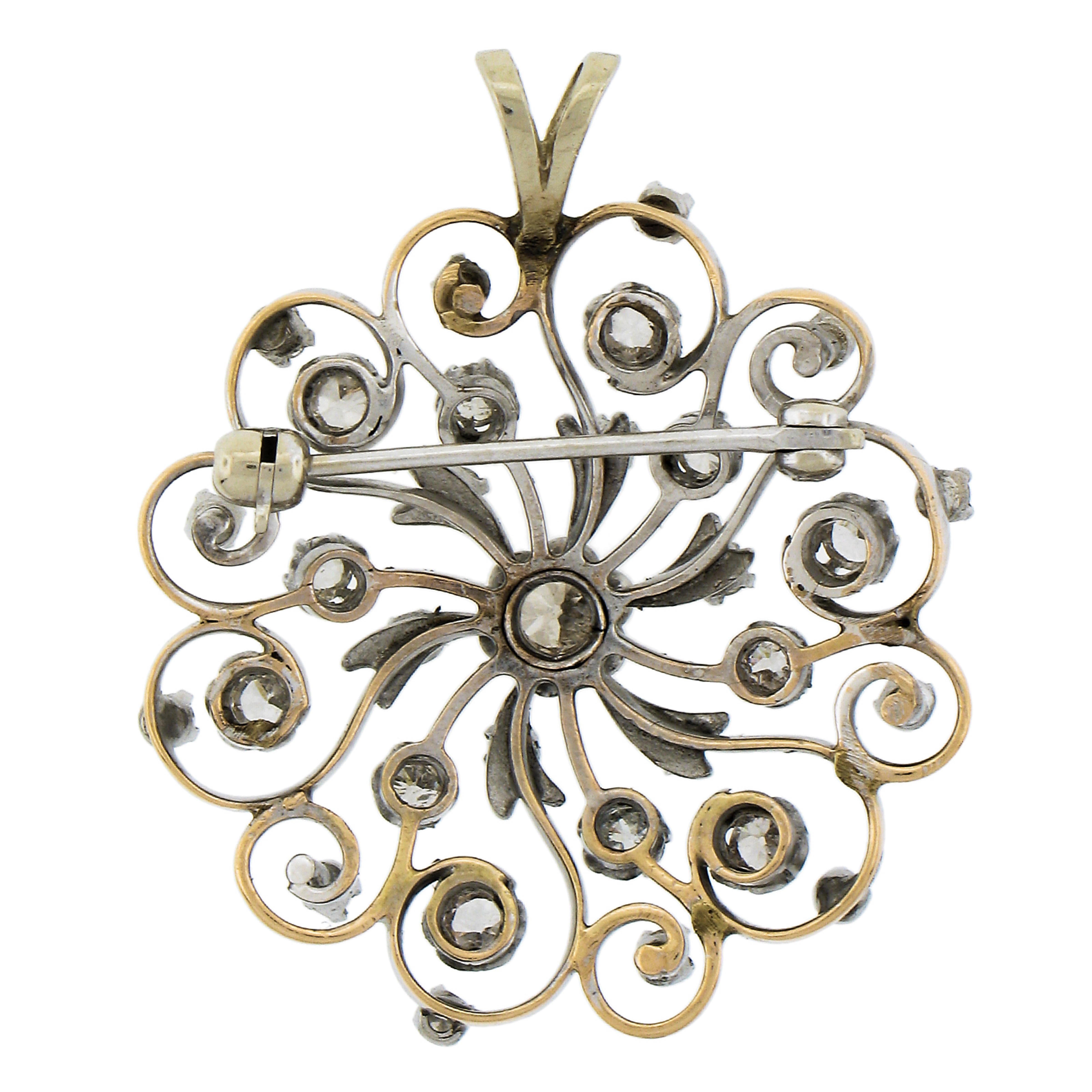14k White Gold 1.04ctw Old Mine Cut Champagne Diamond Open Flower Brooch Pendant For Sale 1