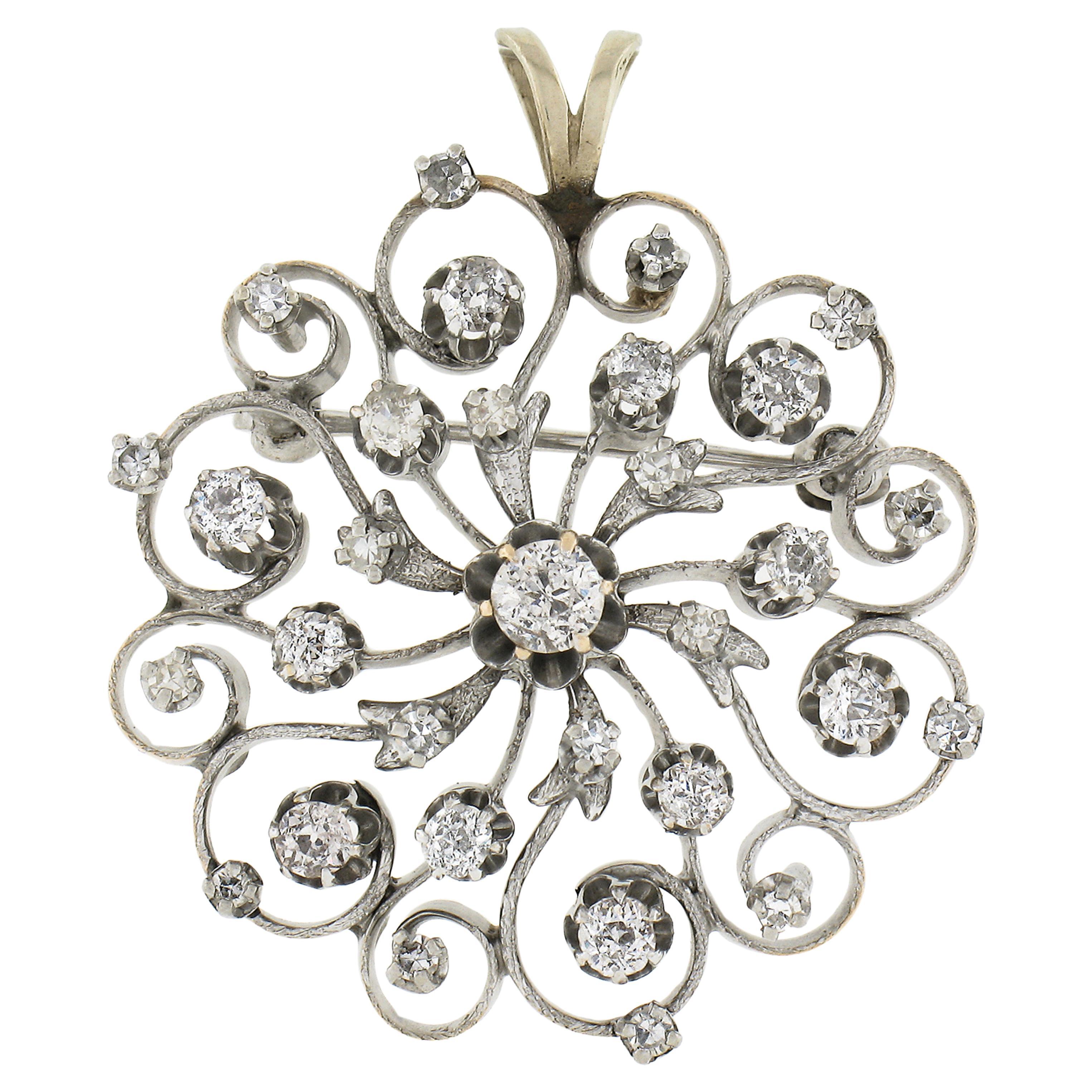 14k White Gold 1.04ctw Old Mine Cut Champagne Diamond Open Flower Brooch Pendant For Sale