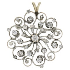 14k White Gold 1.04ctw Old Mine Cut Champagne Diamond Open Flower Brooch Pendant