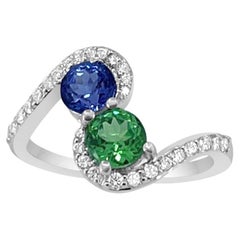14K White Gold 1.05cts Tanzanite, Emerald and Diamond Ring. Style# R3358