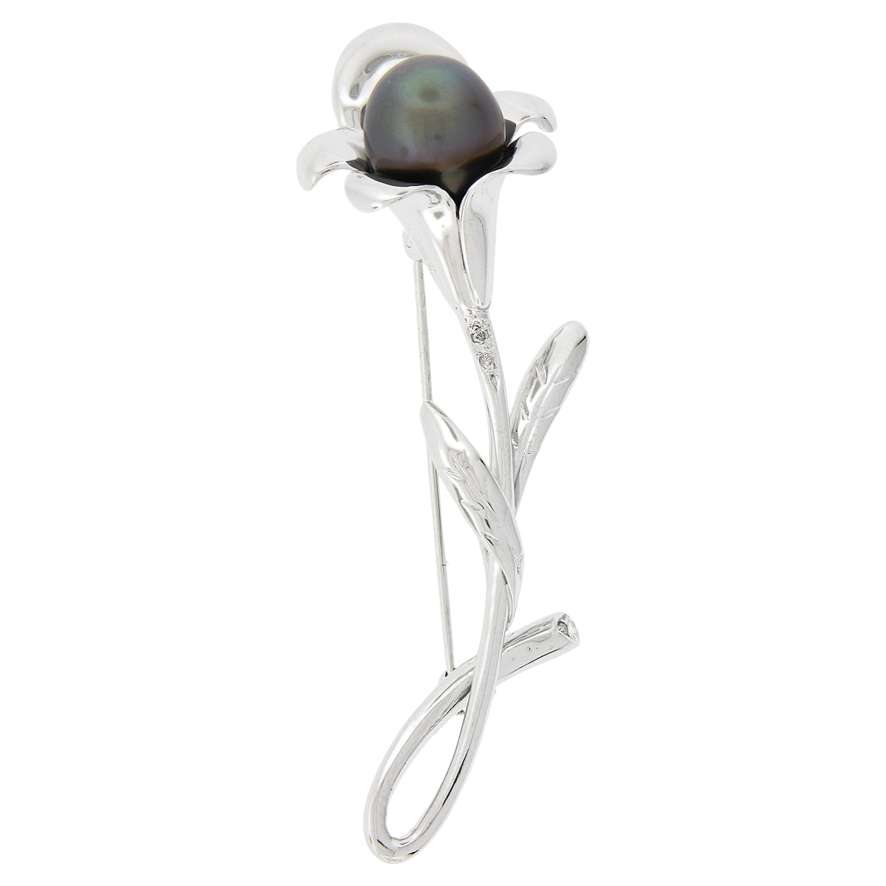 14k White Gold Tahitian Pearl & Pave Diamond Detailed Flower Brooch Pin