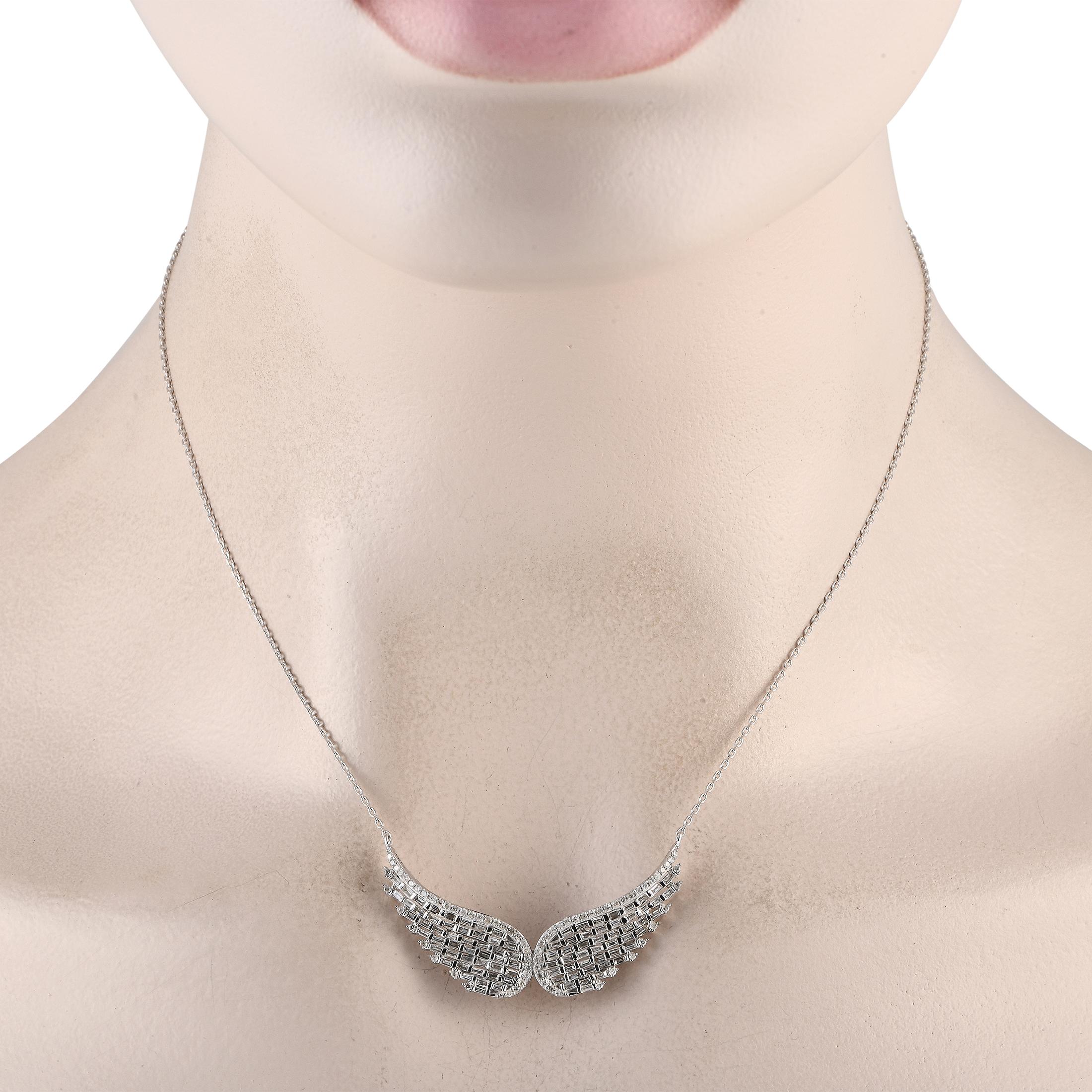 This unforgettable 14K White Gold necklace will serve as a dramatic addition to any luxury jewelry collection. Suspended at the center of a 15 chain, a breathtaking pendant shaped like a pair of wings comes to life thanks to inset Diamonds with a