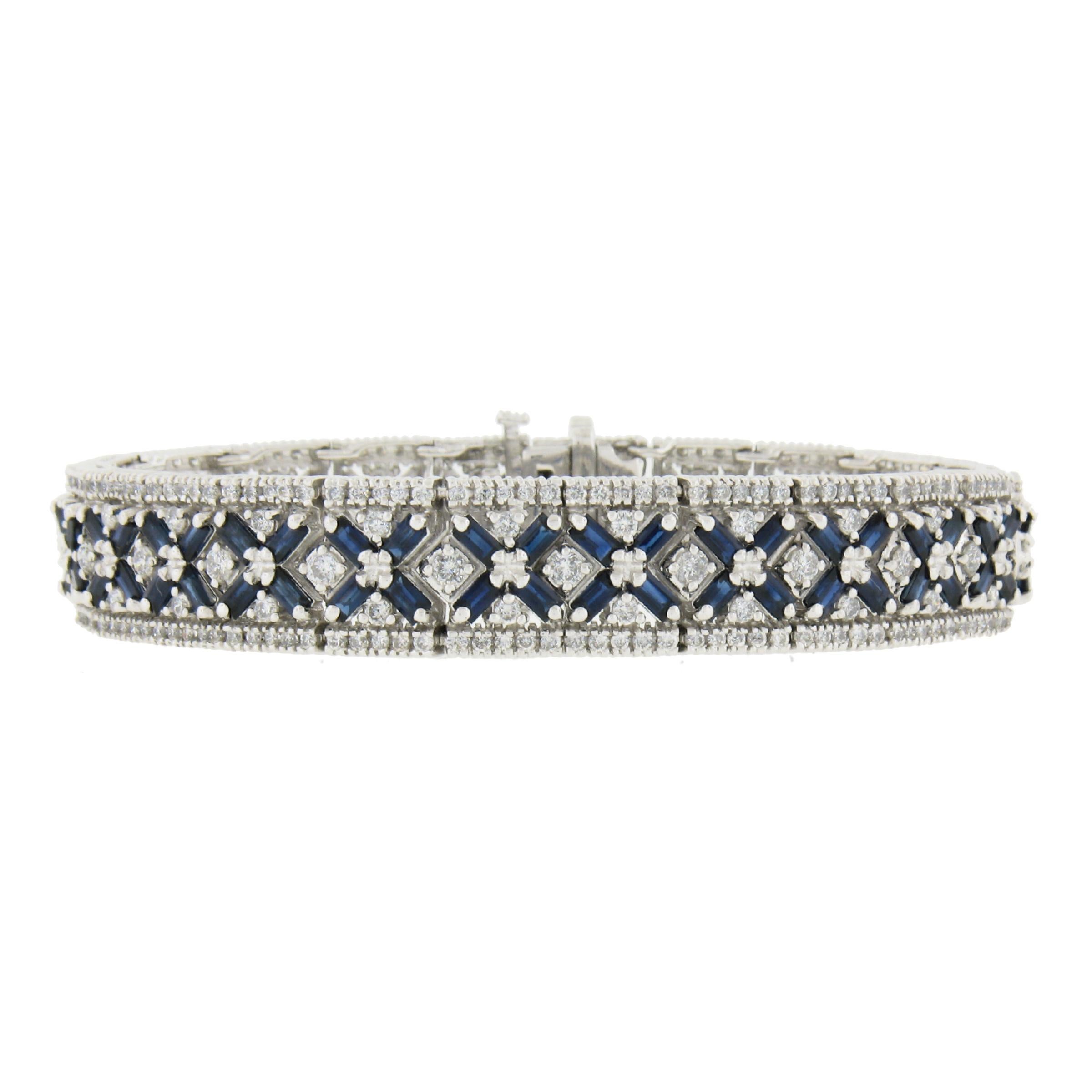 14k White Gold 10.75ctw Diamond & Baguette Sapphire Strap Statement Bracelet In Excellent Condition For Sale In Montclair, NJ