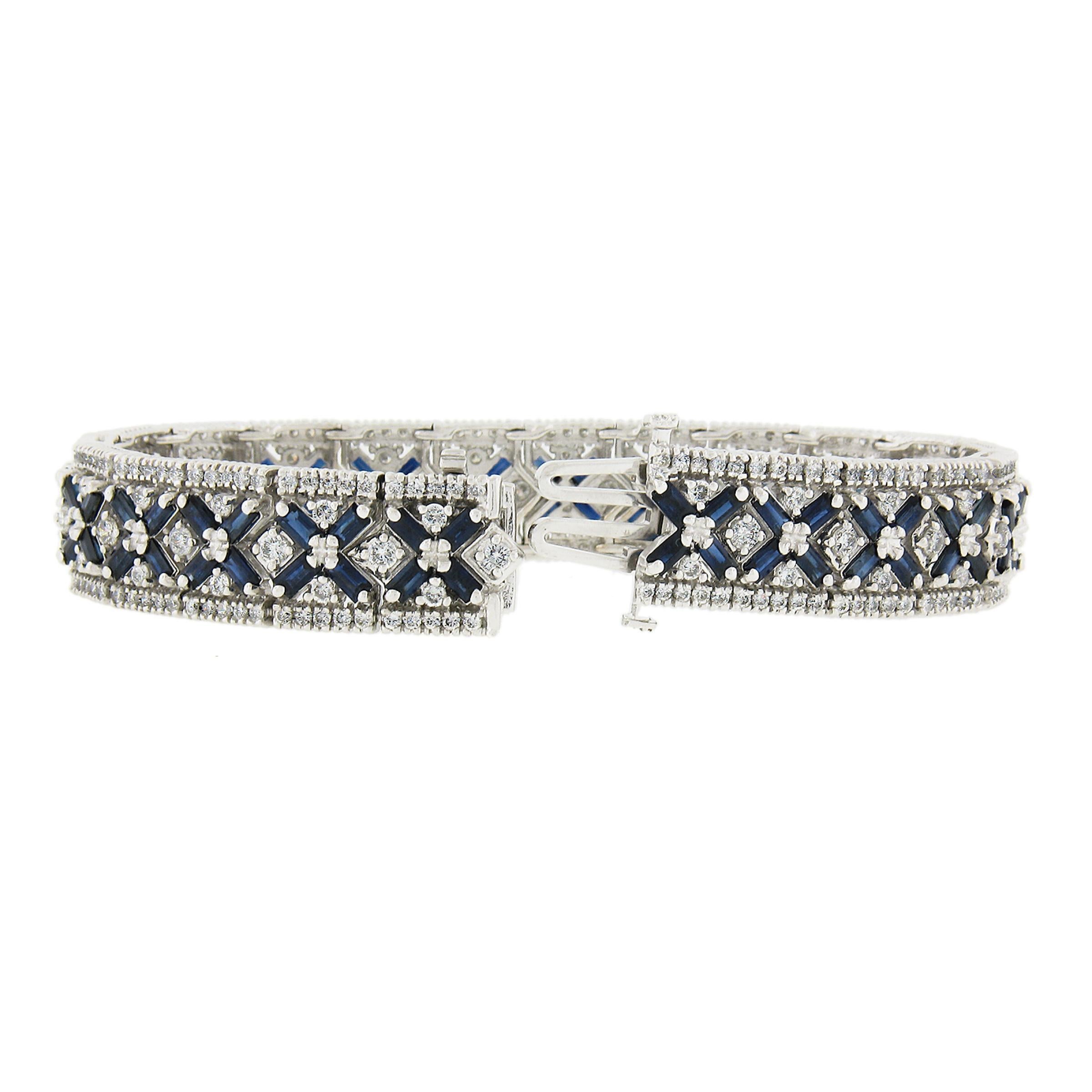 Women's 14k White Gold 10.75ctw Diamond & Baguette Sapphire Strap Statement Bracelet For Sale