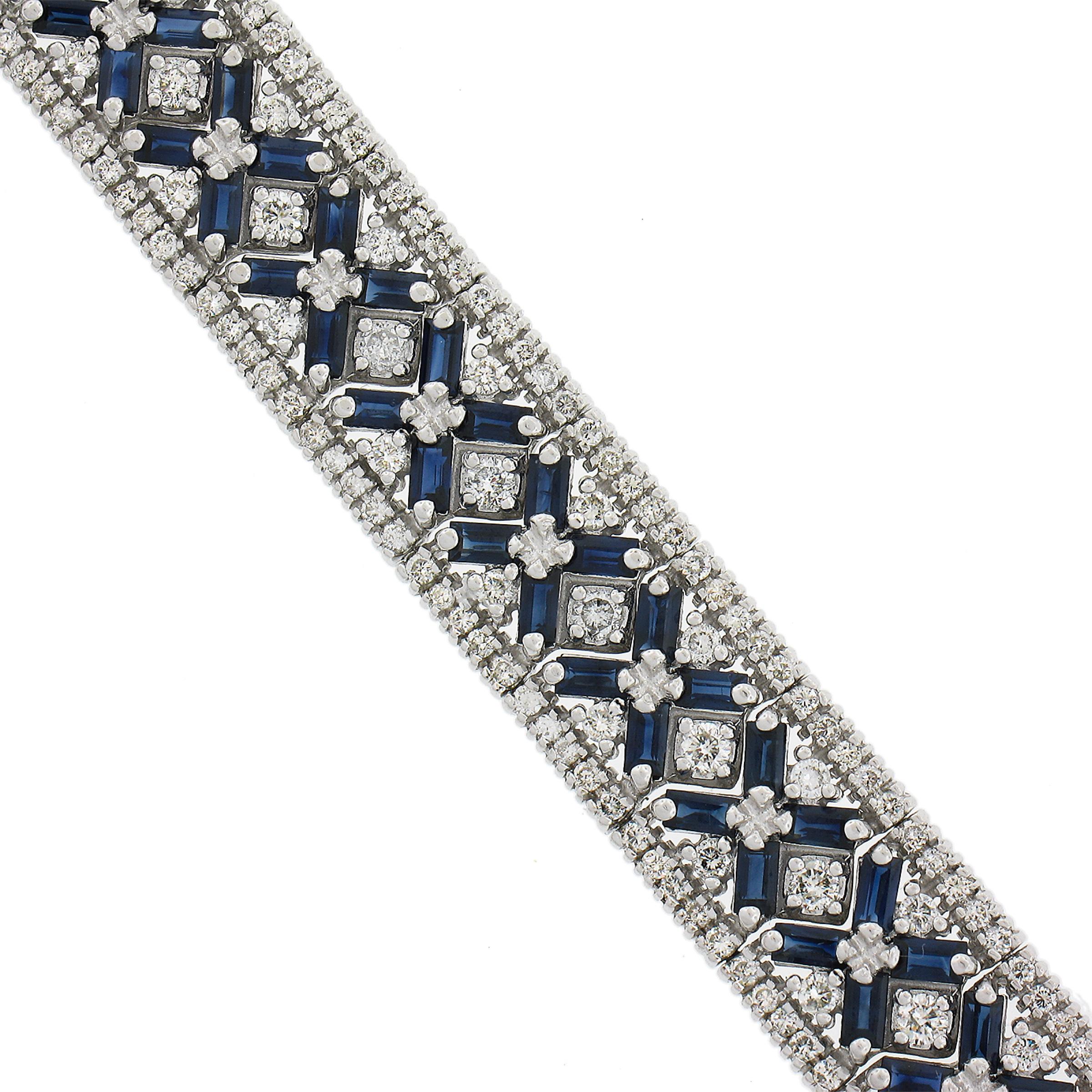 14k White Gold 10.75ctw Diamond & Baguette Sapphire Strap Statement Bracelet For Sale 2