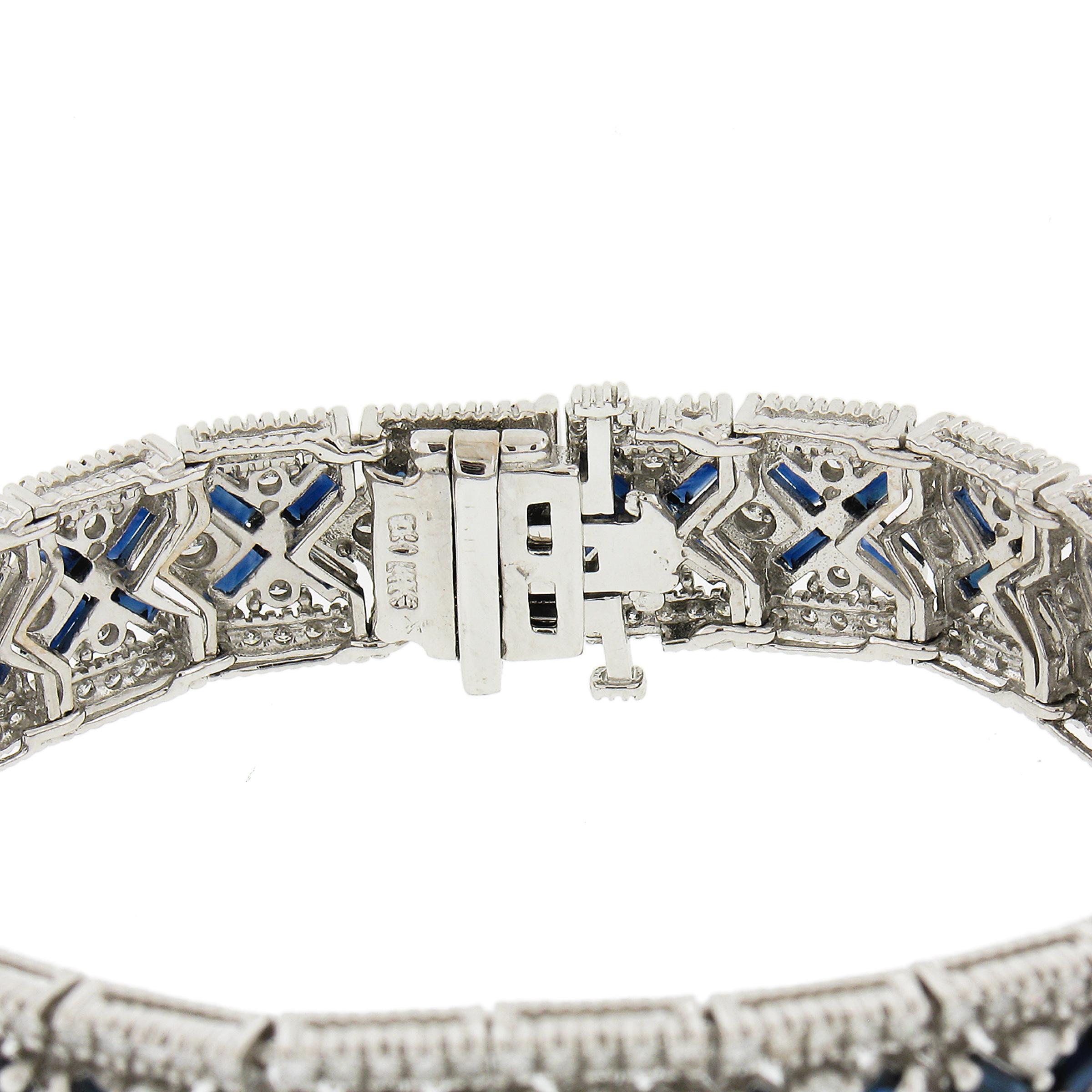 14k White Gold 10.75ctw Diamond & Baguette Sapphire Strap Statement Bracelet For Sale 4