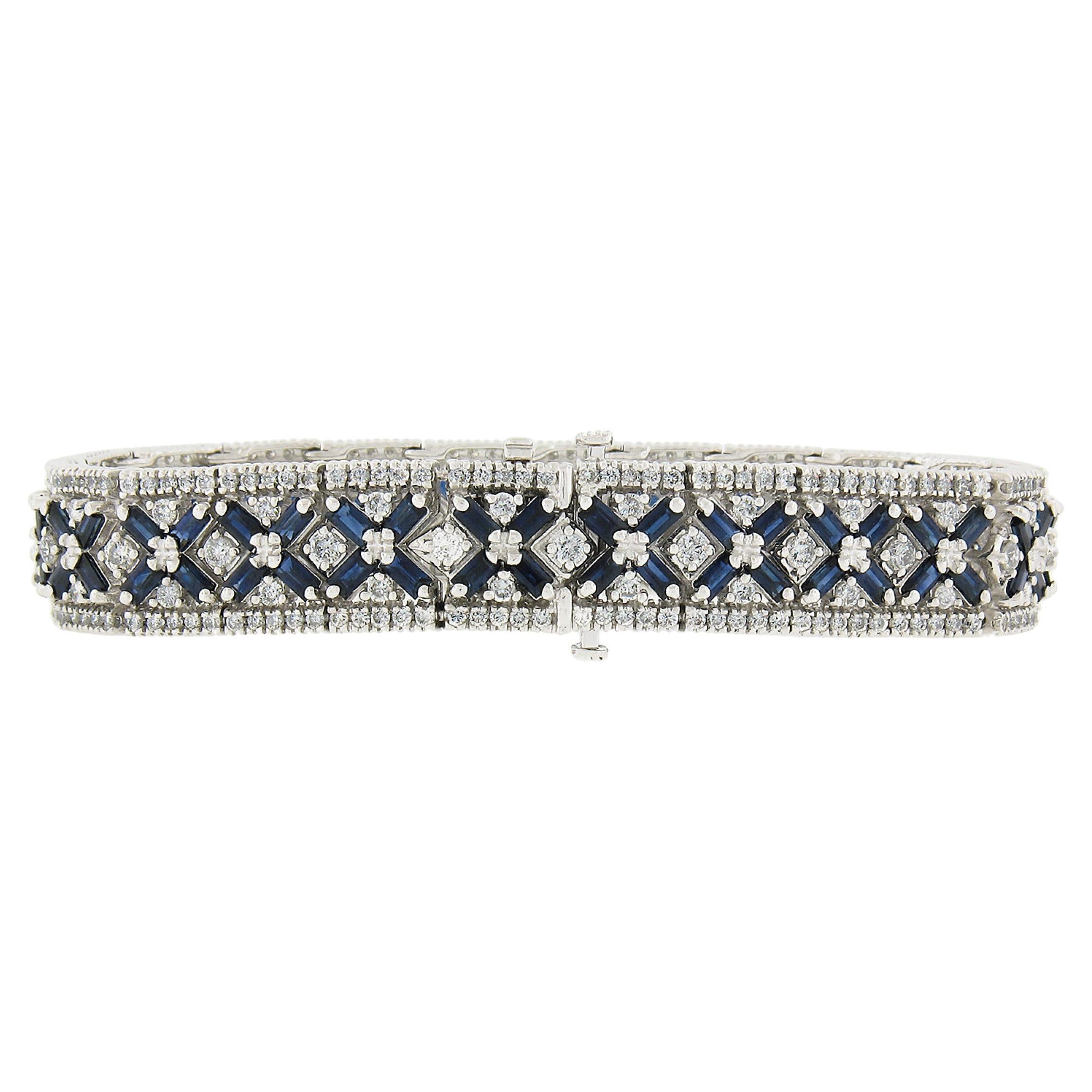 14k White Gold 10.75ctw Diamond & Baguette Sapphire Strap Statement Bracelet
