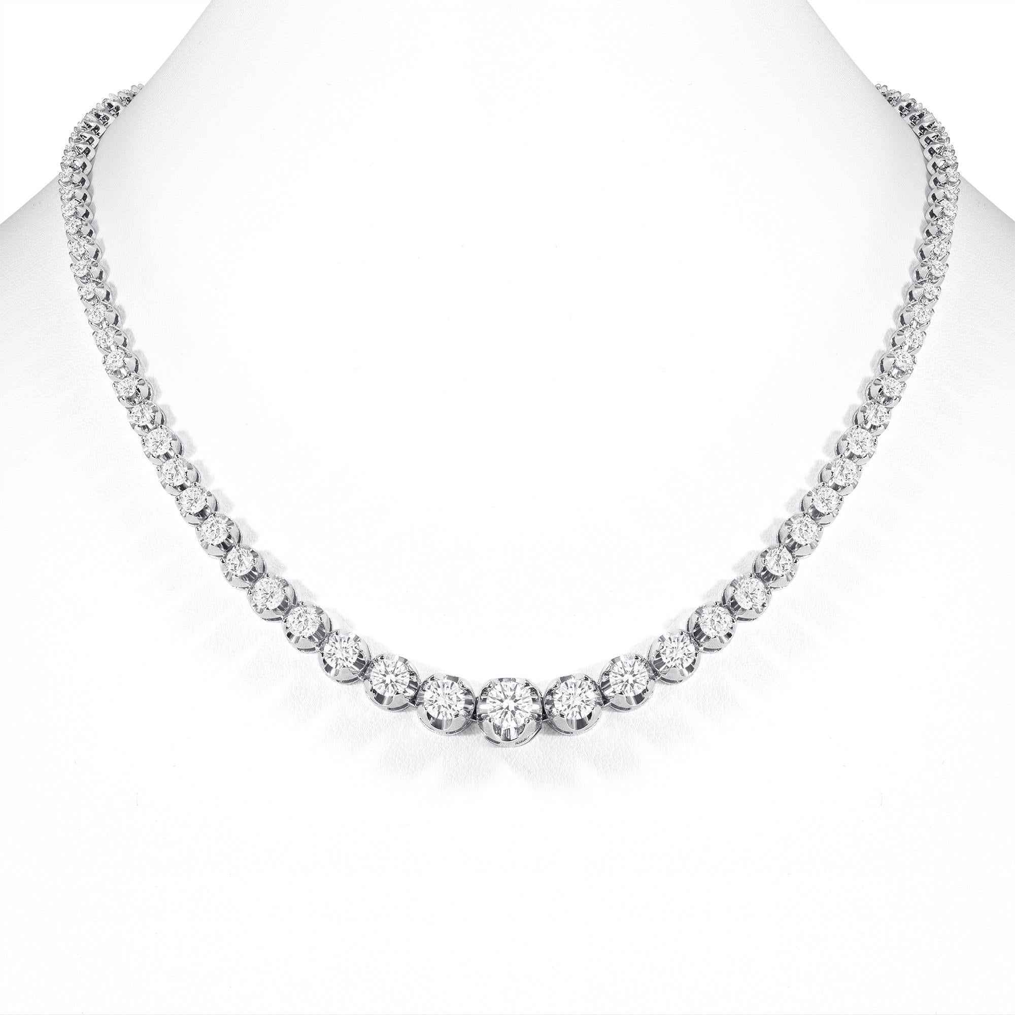 This finely made graduated necklace with beautiful round diamonds sits elegantly on any neck. 

Metal: 14k Gold
Diamond Cut: Round
Total Diamond Approx. Carats:  10ct
Diamond Clarity: VS
Diamond Color: F-G
Size: 16 inches
Color: White Gold
Included